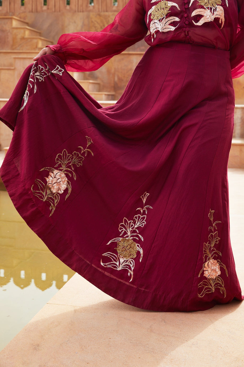 Red Silk Organza Lehenga with Jacket at Kamakhyaa by Chambray & Co.. This item is Chambray & Co, Embroidered, Indian Wear, Lehenga Sets, Natural, Organza, Party Wear, Red, Regular Fit, Riwayat, Womenswear