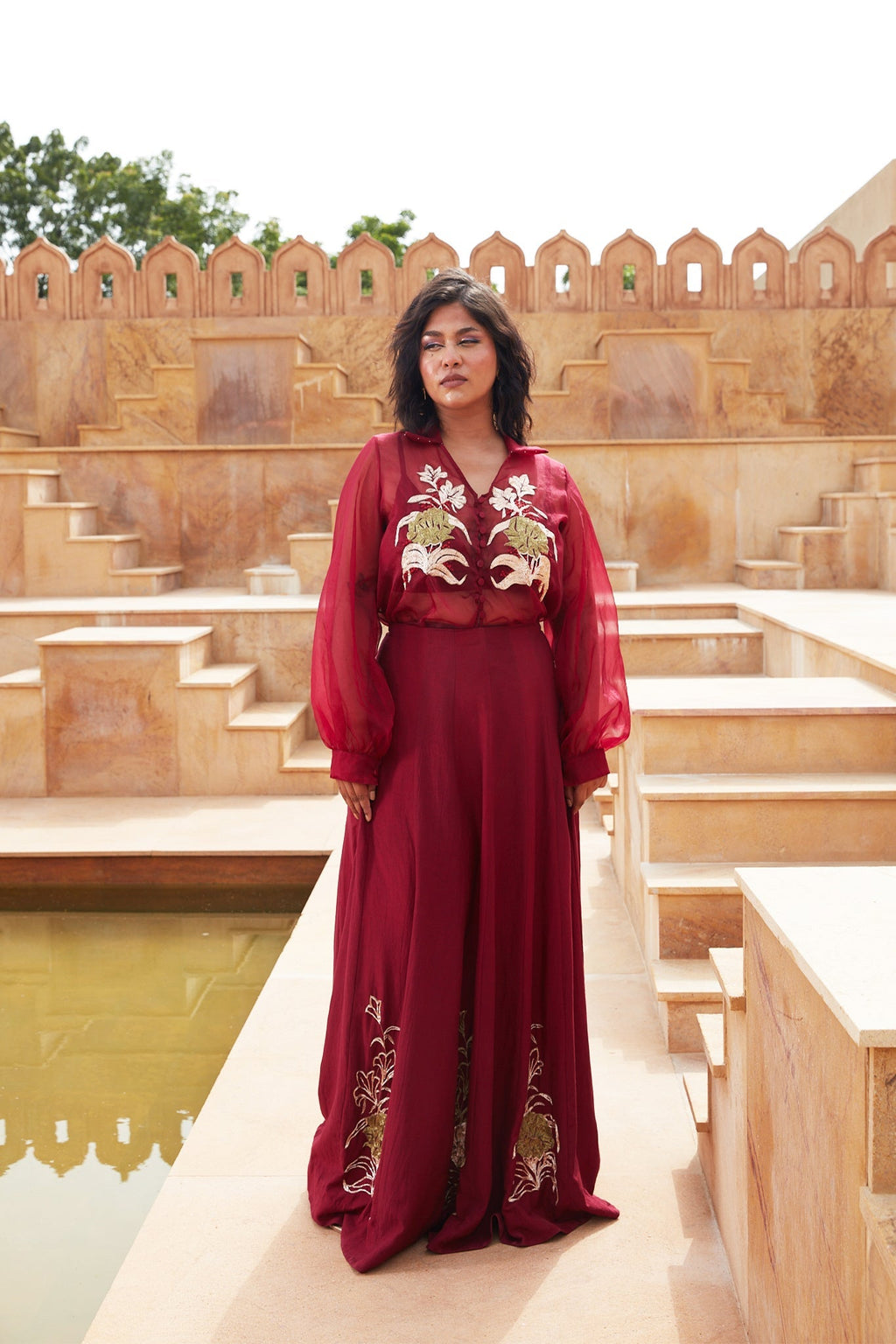 Red Silk Organza Lehenga with Jacket at Kamakhyaa by Chambray & Co.. This item is Chambray & Co, Embroidered, Indian Wear, Lehenga Sets, Natural, Organza, Party Wear, Red, Regular Fit, Riwayat, Womenswear