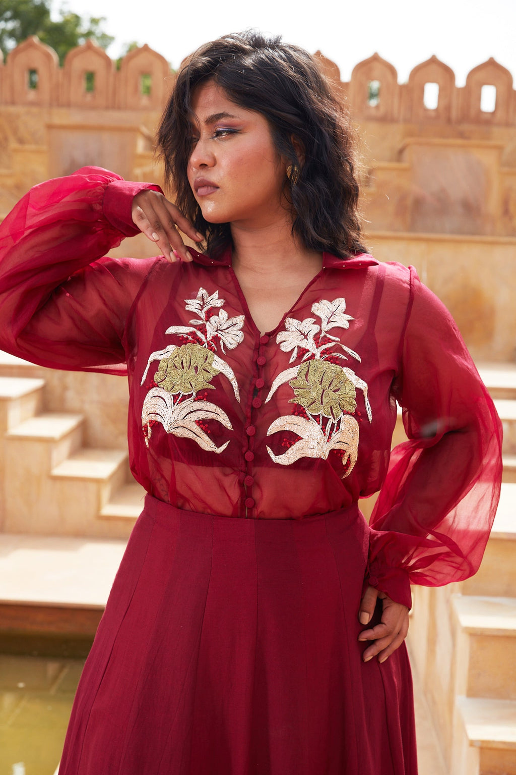 Red Silk Organza Lehenga with Jacket at Kamakhyaa by Chambray & Co.. This item is Chambray & Co, Embroidered, Indian Wear, Lehenga Sets, Natural, Organza, Party Wear, Red, Regular Fit, Riwayat, Womenswear