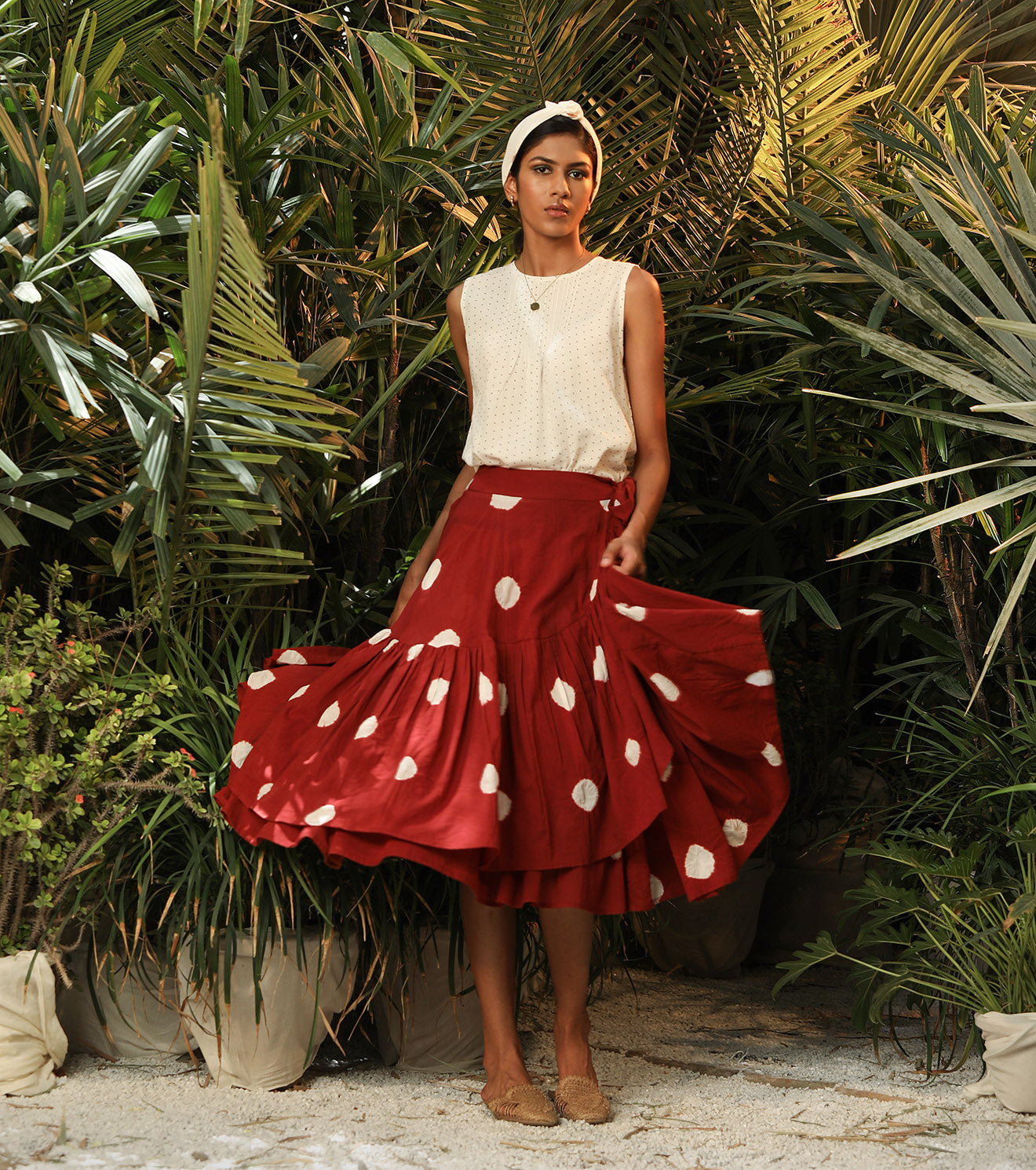 Red Skirt With Polka Dot at Kamakhyaa by Khara Kapas. This item is Fitted At Waist, Lost In paradise, Midi Skirts, Mul Cotton, Natural, Polka Dots, Prints, Red, Resort Wear, Skirts, Womenswear