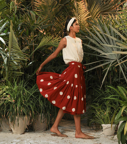 Red Skirt With Polka Dot at Kamakhyaa by Khara Kapas. This item is Fitted At Waist, Lost In paradise, Midi Skirts, Mul Cotton, Natural, Polka Dots, Prints, Red, Resort Wear, Skirts, Womenswear