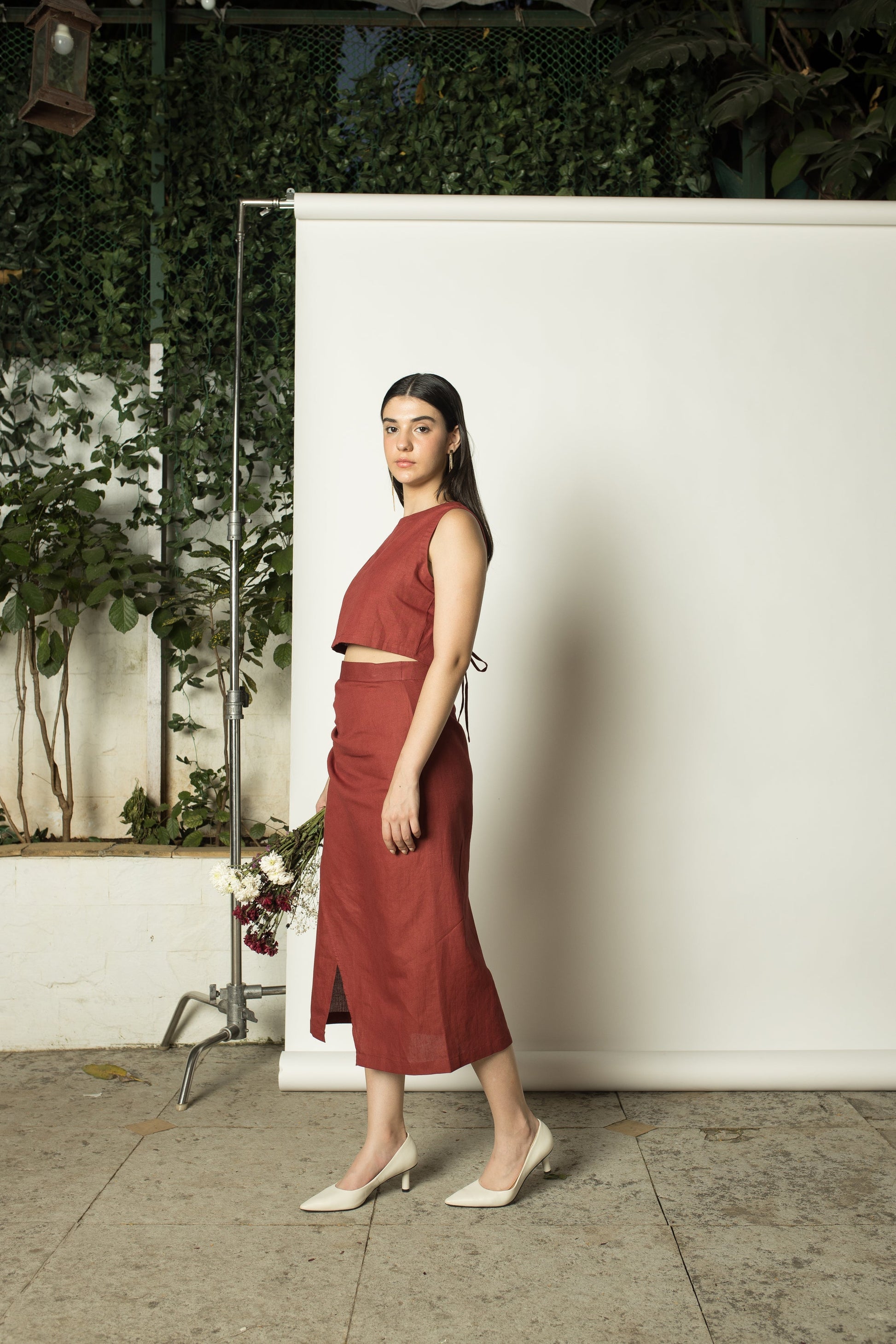 Red Skirt with Buttons at Kamakhyaa by Anushé Pirani. This item is Buttons, Cotton Hemp, Nostalgic Whispers, Red, Skirts, Slim Fit, solid, Womenswear