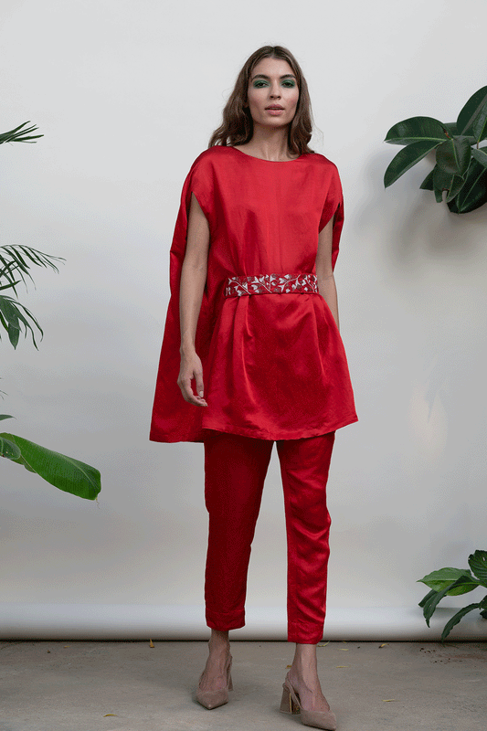 Red Solid Co-ord Set at Kamakhyaa by Kanelle. This item is Best Selling, Bold is beautiful, Casual Wear, Co-ord Sets, For Birthday, July Sale, Linen Satin, Natural with azo dyes, Red, Relaxed Fit, Solids, Vacation, Vacation Co-ords, Womenswear
