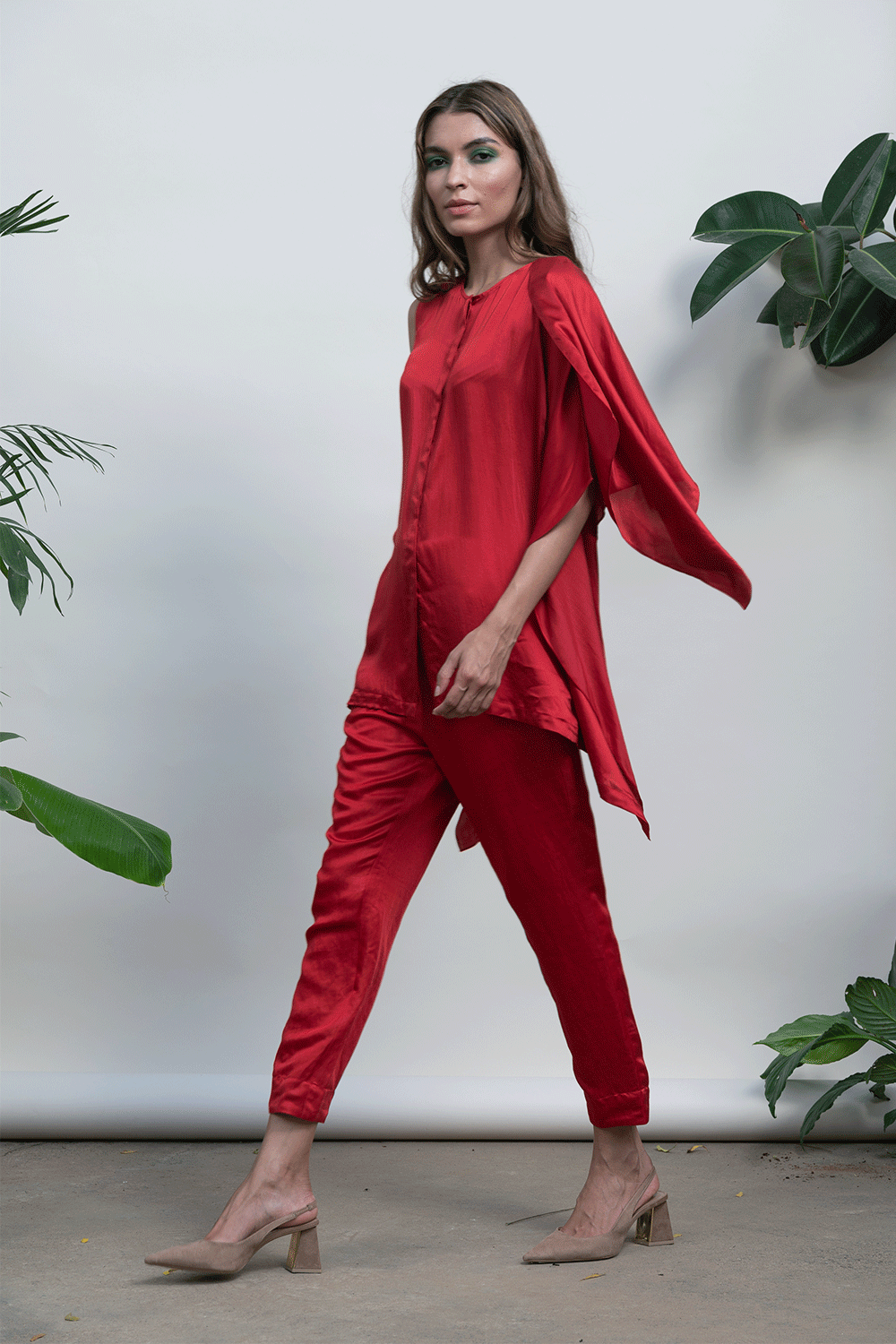 Red Solid Shoulder Top Casual Wear, Modal Satin, Natural with azo dyes, Red, Regular Fit, Shoulder Tops, Solids Kamakhyaa