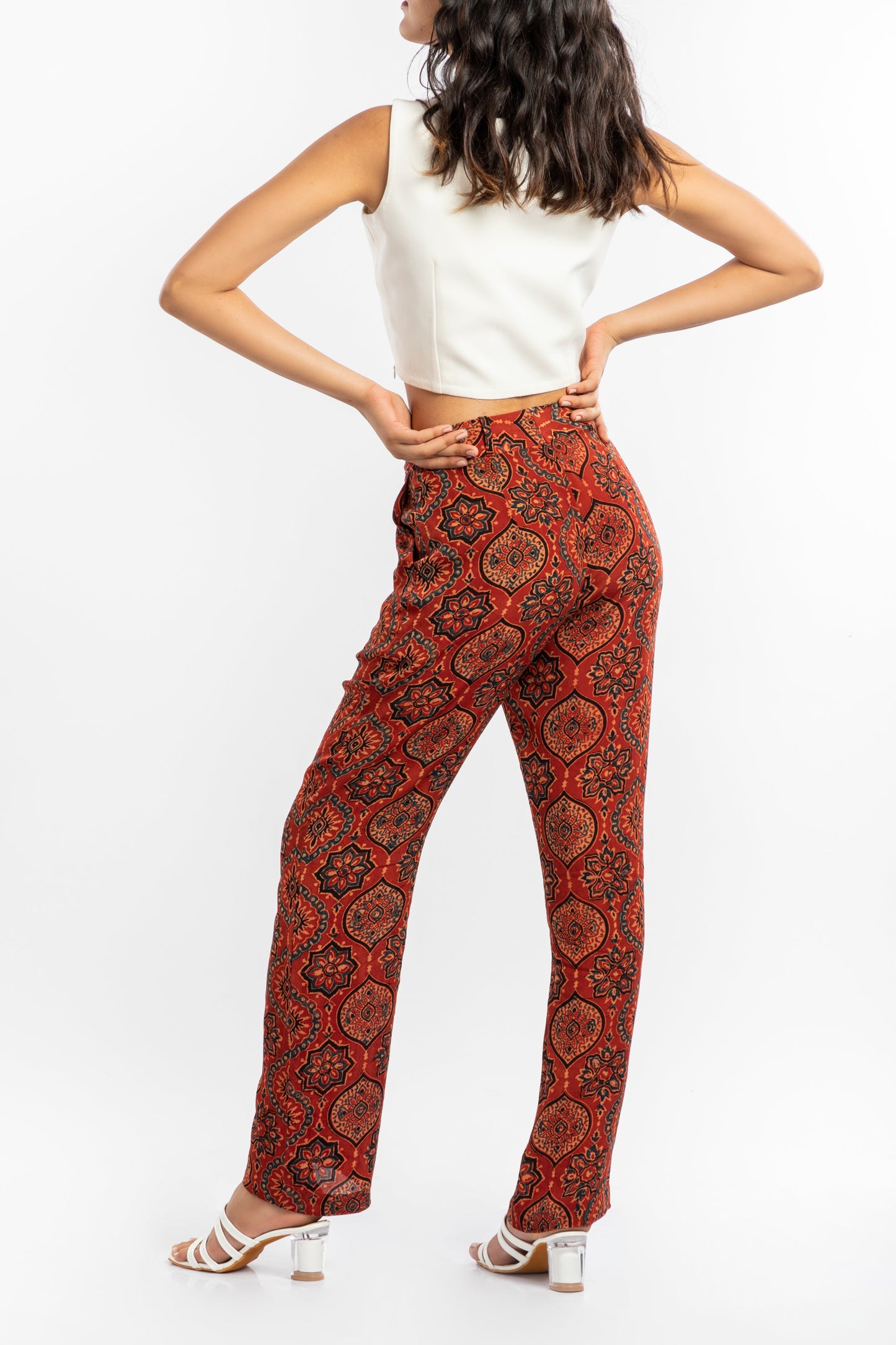 Red Straight Fit Pant at Kamakhyaa by House Of Ara. This item is Ajrakh, Ajrakh Collection, Casual Wear, Cupro, Natural, Pants, Prints, Red, Regular Fit, Womenswear