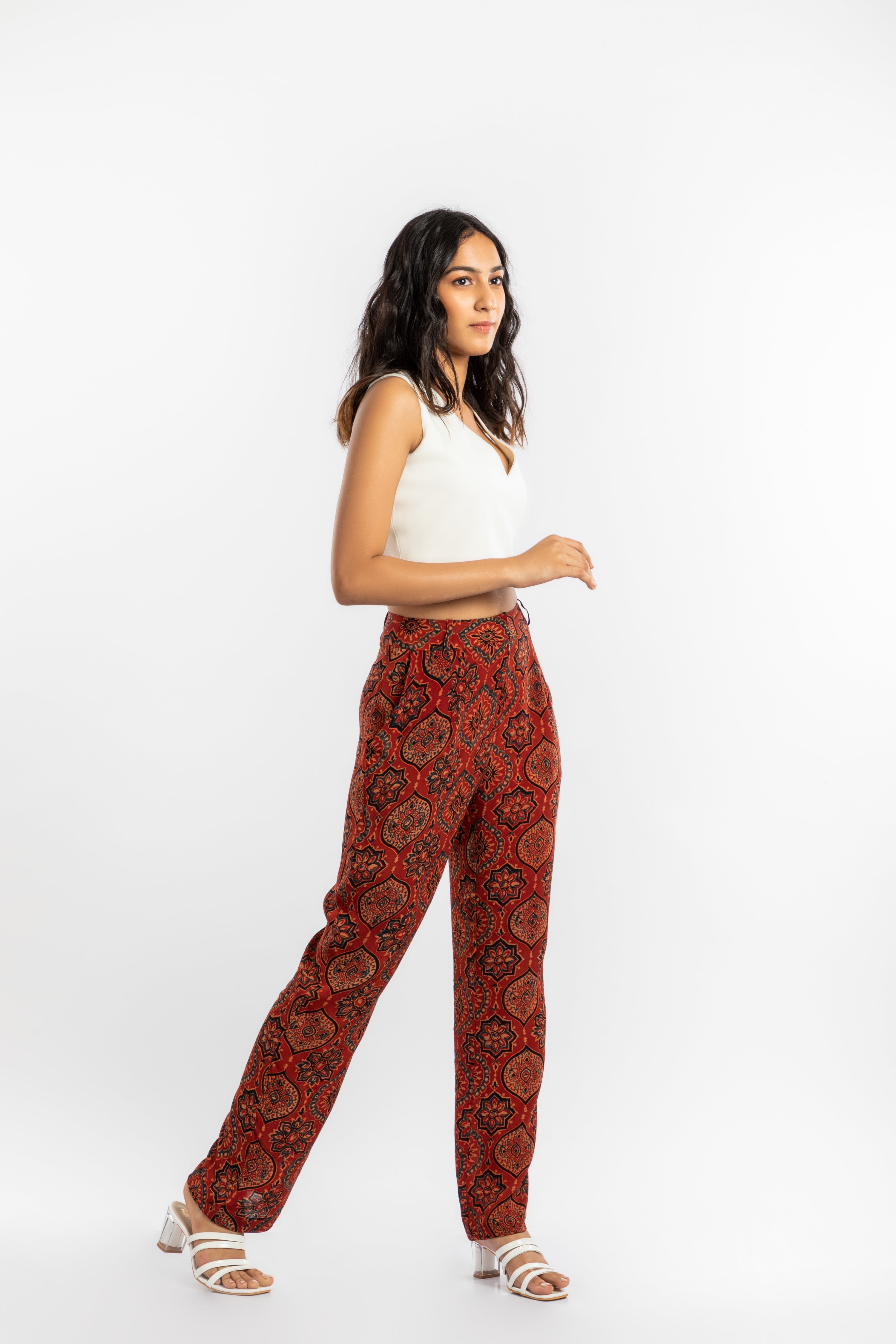 Red Straight Fit Pant at Kamakhyaa by House Of Ara. This item is Ajrakh, Ajrakh Collection, Casual Wear, Cupro, Natural, Pants, Prints, Red, Regular Fit, Womenswear