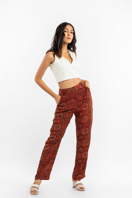 Red Straight Fit Pant at Kamakhyaa by House Of Ara. This item is Ajrakh, Ajrakh Collection, Casual Wear, Cupro, Natural, Pants, Prints, Red, Regular Fit, Womenswear