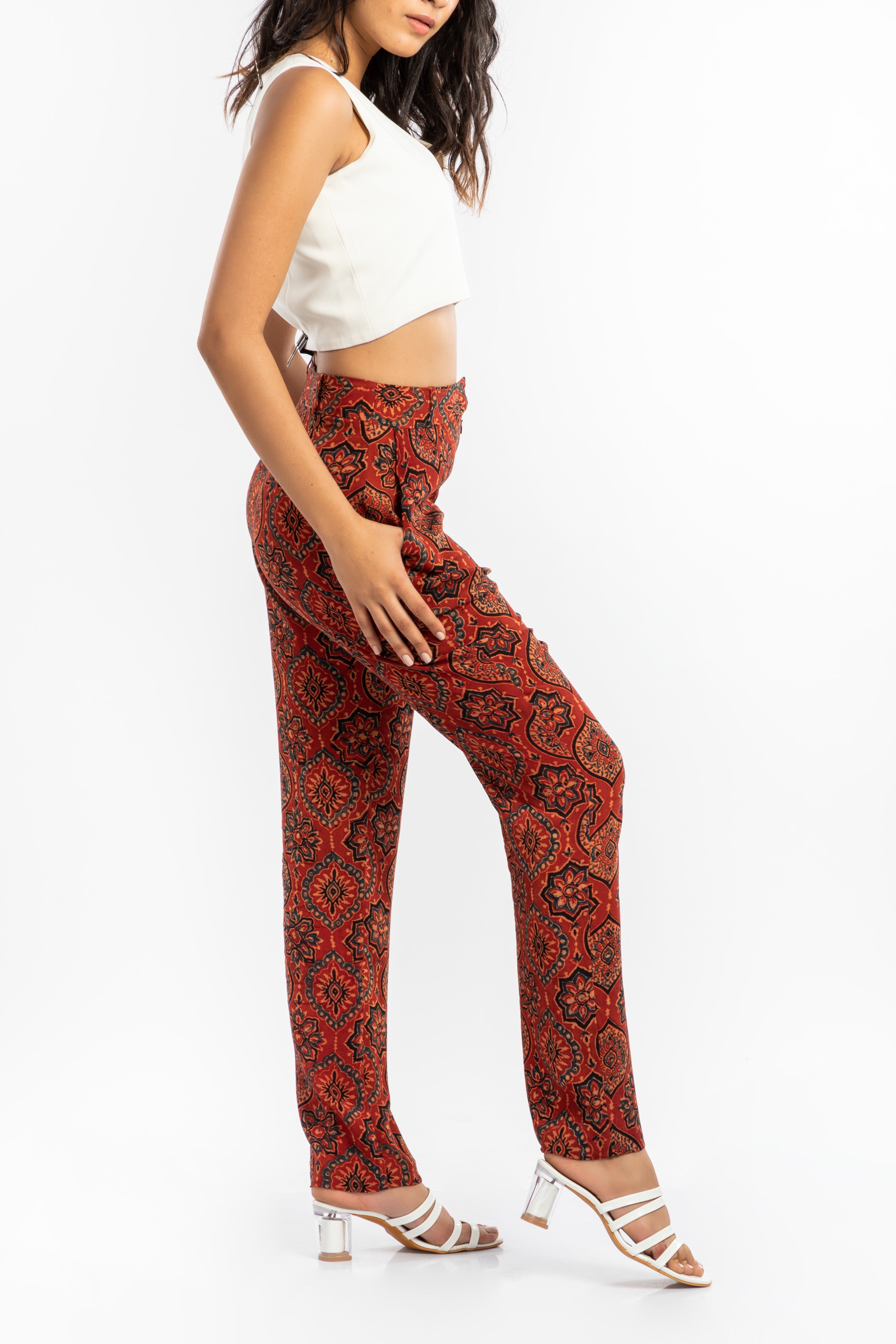 Red Straight Fit Pant at Kamakhyaa by House Of Ara. This item is Ajrakh, Ajrakh Collection, Casual Wear, Cupro, Natural, Pants, Prints, Red, Regular Fit, Womenswear