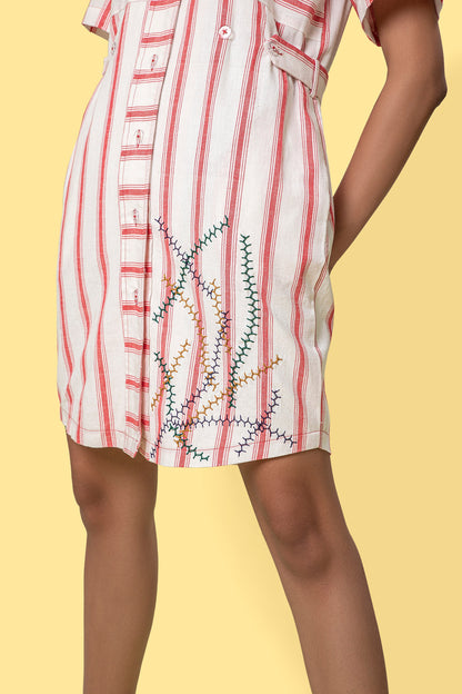 Red Striped Mini Shirt Dress at Kamakhyaa by Anushé Pirani. This item is Easter, Handwoven Jute Cotton, July Sale, July Sale 2023, Natural, Of Myriad Minds, Office Wear, Playful Office Wear, Relaxed Fit, sale anushe pirani, Shirt Dresses, Solids, White, Womenswear