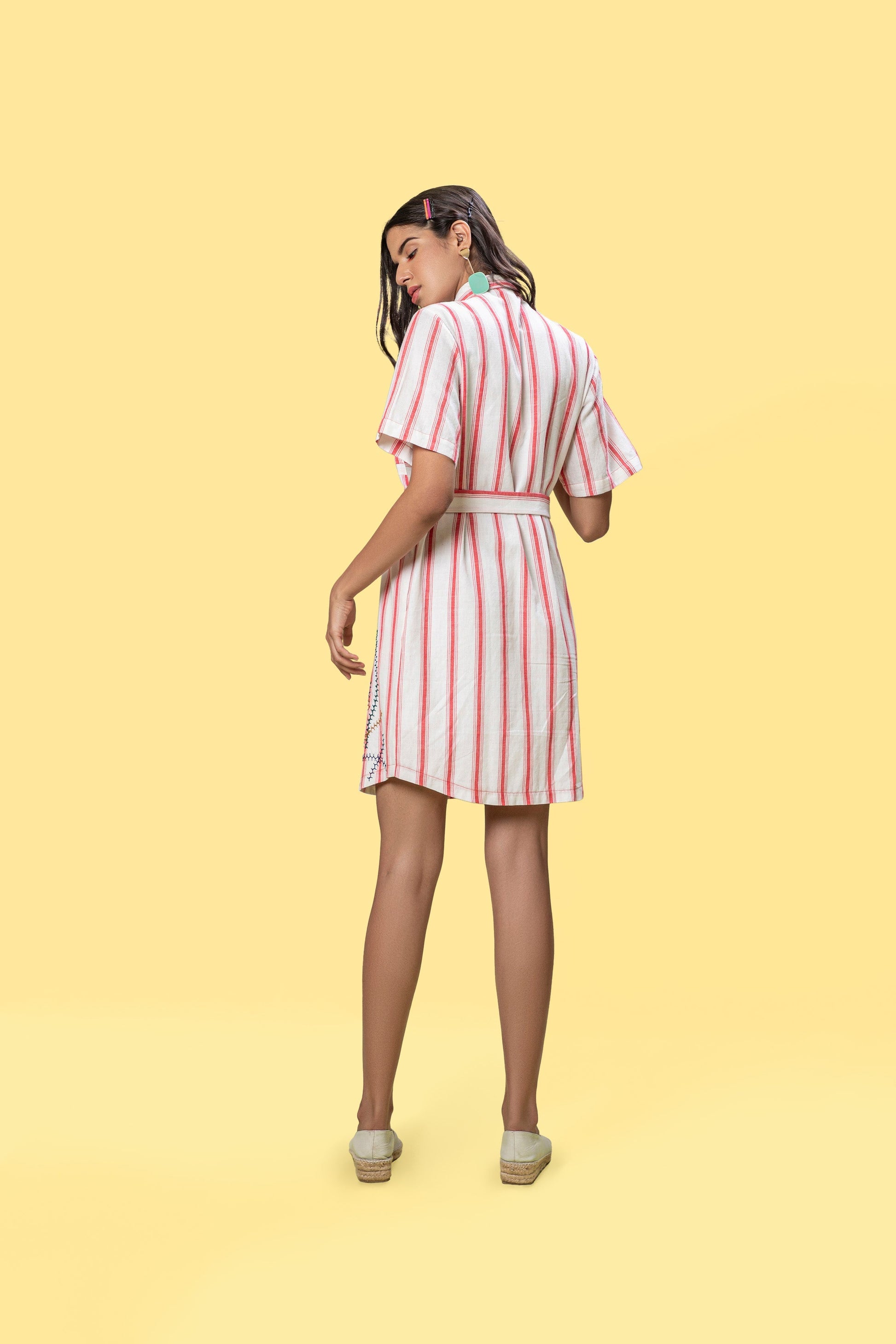 Red Striped Mini Shirt Dress at Kamakhyaa by Anushé Pirani. This item is Easter, Handwoven Jute Cotton, July Sale, July Sale 2023, Natural, Of Myriad Minds, Office Wear, Playful Office Wear, Relaxed Fit, sale anushe pirani, Shirt Dresses, Solids, White, Womenswear