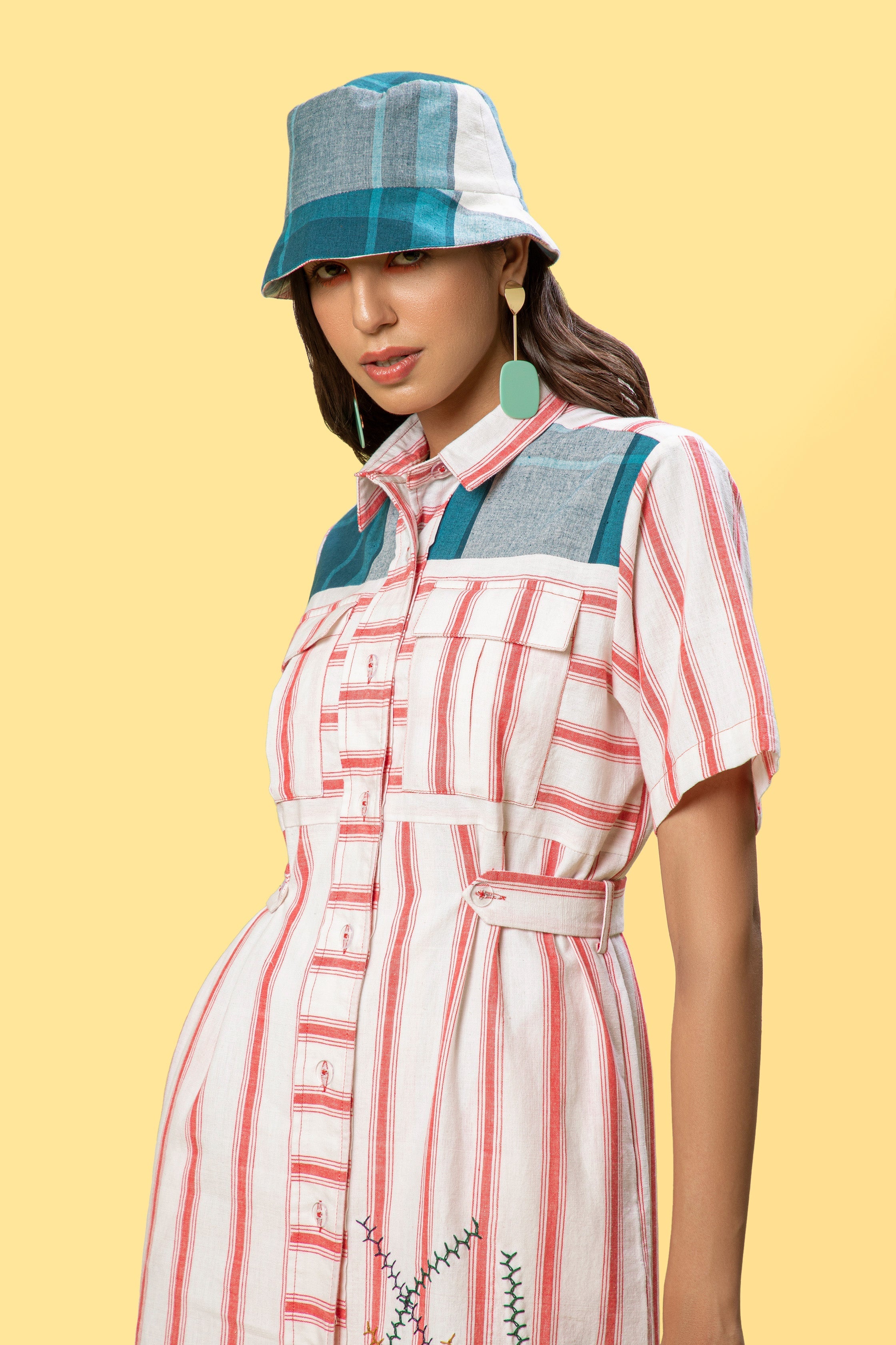 Red Striped Mini Shirt Dress at Kamakhyaa by Anushé Pirani. This item is Easter, Handwoven Jute Cotton, July Sale, July Sale 2023, Natural, Of Myriad Minds, Office Wear, Playful Office Wear, Relaxed Fit, sale anushe pirani, Shirt Dresses, Solids, White, Womenswear