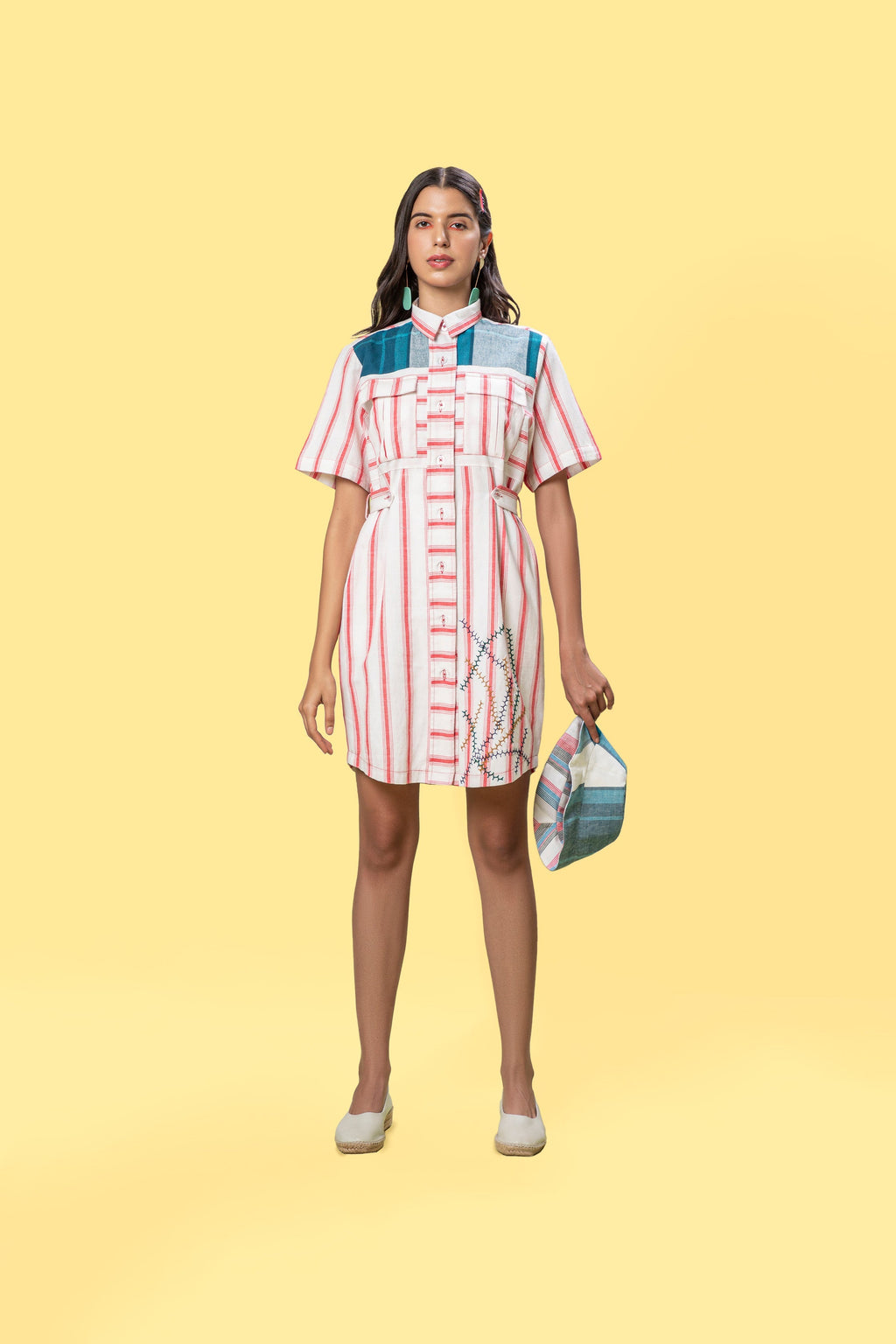 Red Striped Mini Shirt Dress at Kamakhyaa by Anushé Pirani. This item is Easter, Handwoven Jute Cotton, July Sale, July Sale 2023, Natural, Of Myriad Minds, Office Wear, Playful Office Wear, Relaxed Fit, sale anushe pirani, Shirt Dresses, Solids, White, Womenswear