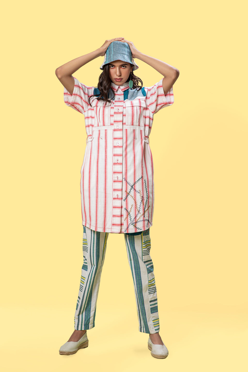 Red Striped Mini Shirt Dress at Kamakhyaa by Anushé Pirani. This item is Easter, Handwoven Jute Cotton, July Sale, July Sale 2023, Natural, Of Myriad Minds, Office Wear, Playful Office Wear, Relaxed Fit, sale anushe pirani, Shirt Dresses, Solids, White, Womenswear