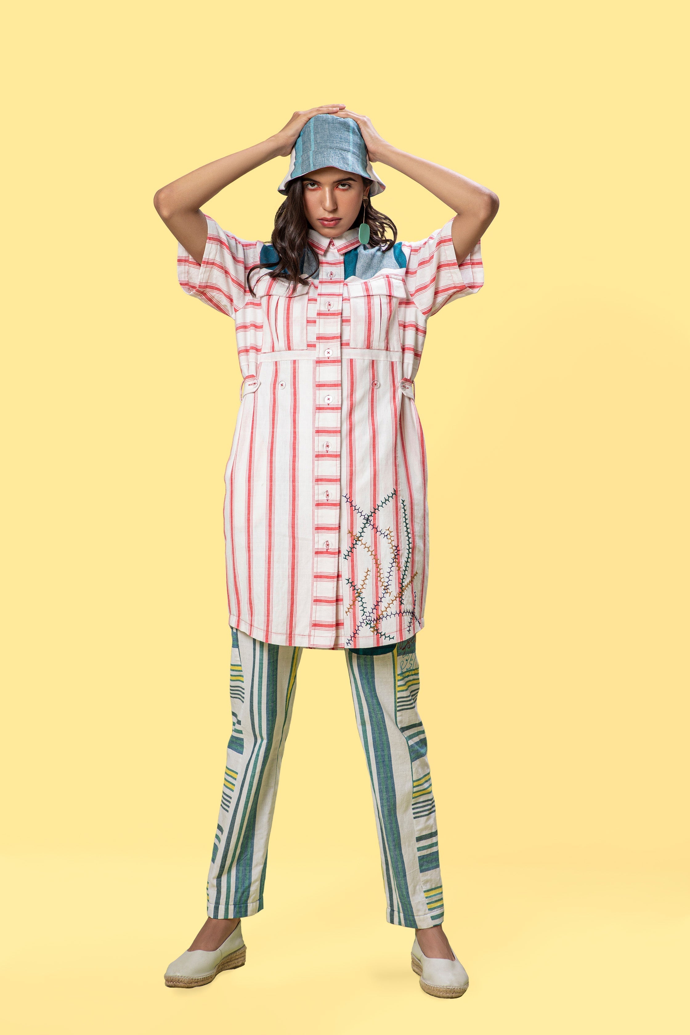 Red Striped Mini Shirt Dress at Kamakhyaa by Anushé Pirani. This item is Easter, Handwoven Jute Cotton, July Sale, July Sale 2023, Natural, Of Myriad Minds, Office Wear, Playful Office Wear, Relaxed Fit, sale anushe pirani, Shirt Dresses, Solids, White, Womenswear