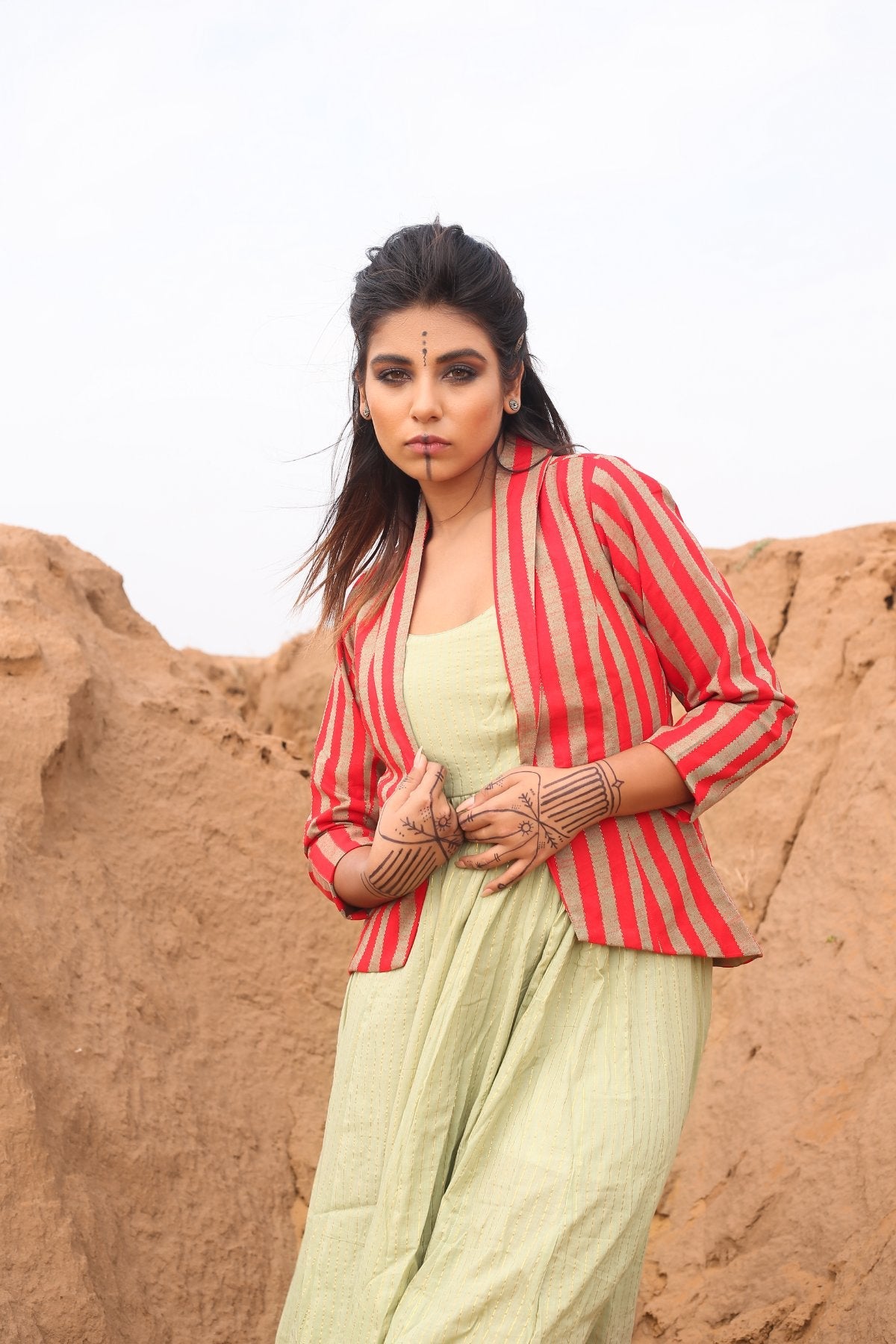 Red Striped Short Jacket With Spaghetti Dress - Set Of Two at Kamakhyaa by Keva. This item is Best Selling, Co-ord Sets, Cotton, Cotton Lurex, Desert Rose, Dress Sets, For Mother, For Mother W, Jackets, Midi Dresses, Natural, Red, Relaxed Fit, Resort Wear, Stripes, Womenswear