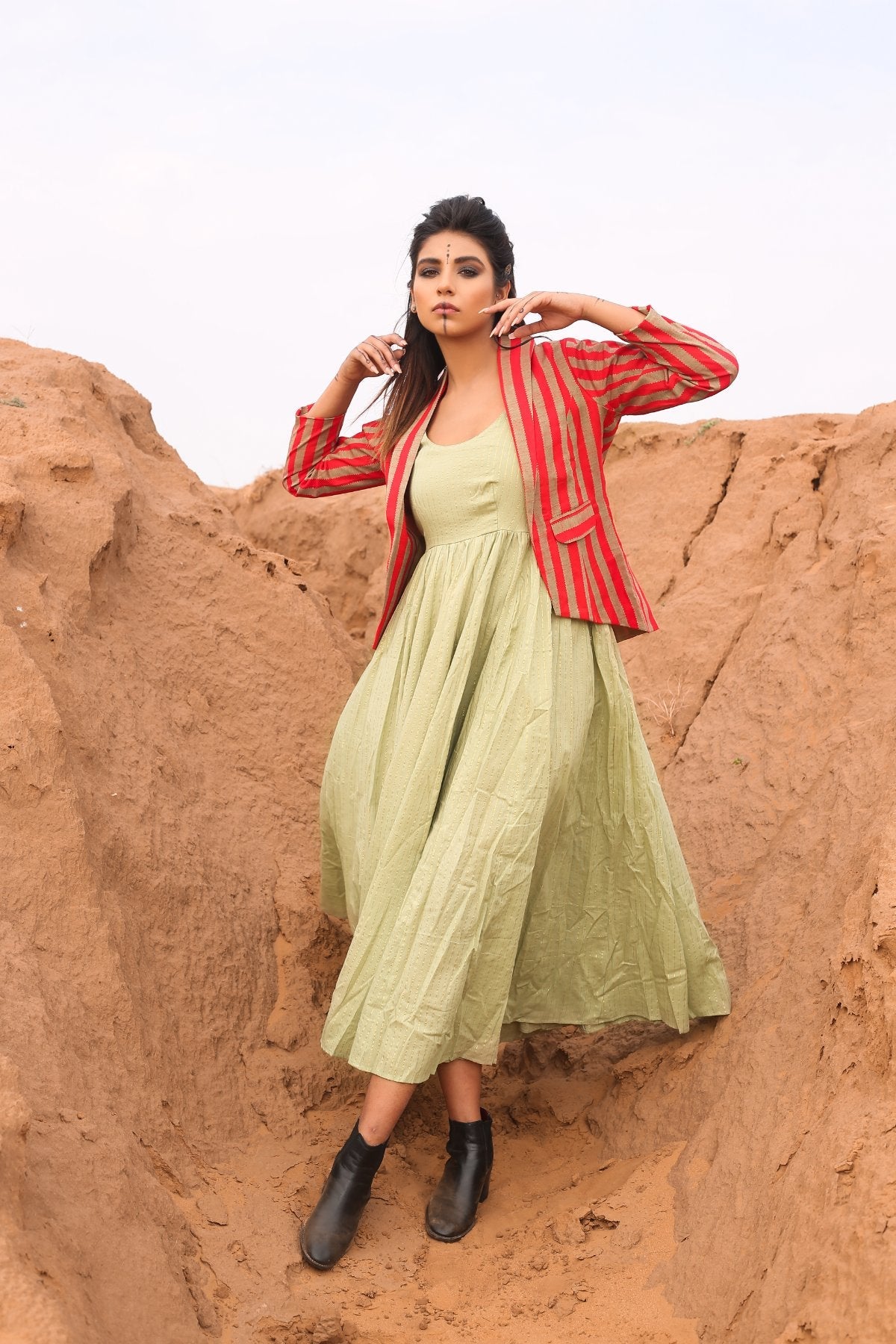 Red Striped Short Jacket With Spaghetti Dress - Set Of Two at Kamakhyaa by Keva. This item is Best Selling, Co-ord Sets, Cotton, Cotton Lurex, Desert Rose, Dress Sets, For Mother, For Mother W, Jackets, Midi Dresses, Natural, Red, Relaxed Fit, Resort Wear, Stripes, Womenswear