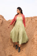 Red Striped Short Jacket With Spaghetti Dress - Set Of Two at Kamakhyaa by Keva. This item is Best Selling, Co-ord Sets, Cotton, Cotton Lurex, Desert Rose, Dress Sets, For Mother, For Mother W, Jackets, Midi Dresses, Natural, Red, Relaxed Fit, Resort Wear, Stripes, Womenswear