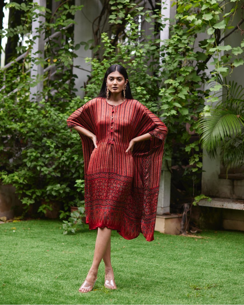 Red Striped Silk Kaftan at Kamakhyaa by Mayura Kumar. This item is Ajrakh Heritage, Casual Wear, Dresses, Festive Wear, Kaftans, Mayura Kumar, Natural, Prints, Red, Relaxed Fit, Stripes, Womenswear