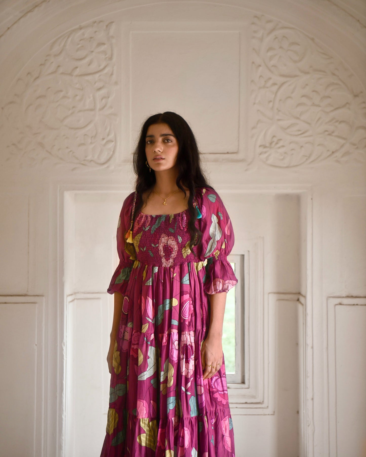 Red Tiered Dress at Kamakhyaa by Taro. This item is Azo Free Dyes, Chanderi Silk, Festive Wear, Fitted At Bust, Floral, Garden Of Dreams, July Sale, July Sale 2023, Maxi Dresses, Prints, Purple, Tiered Dresses, Womenswear