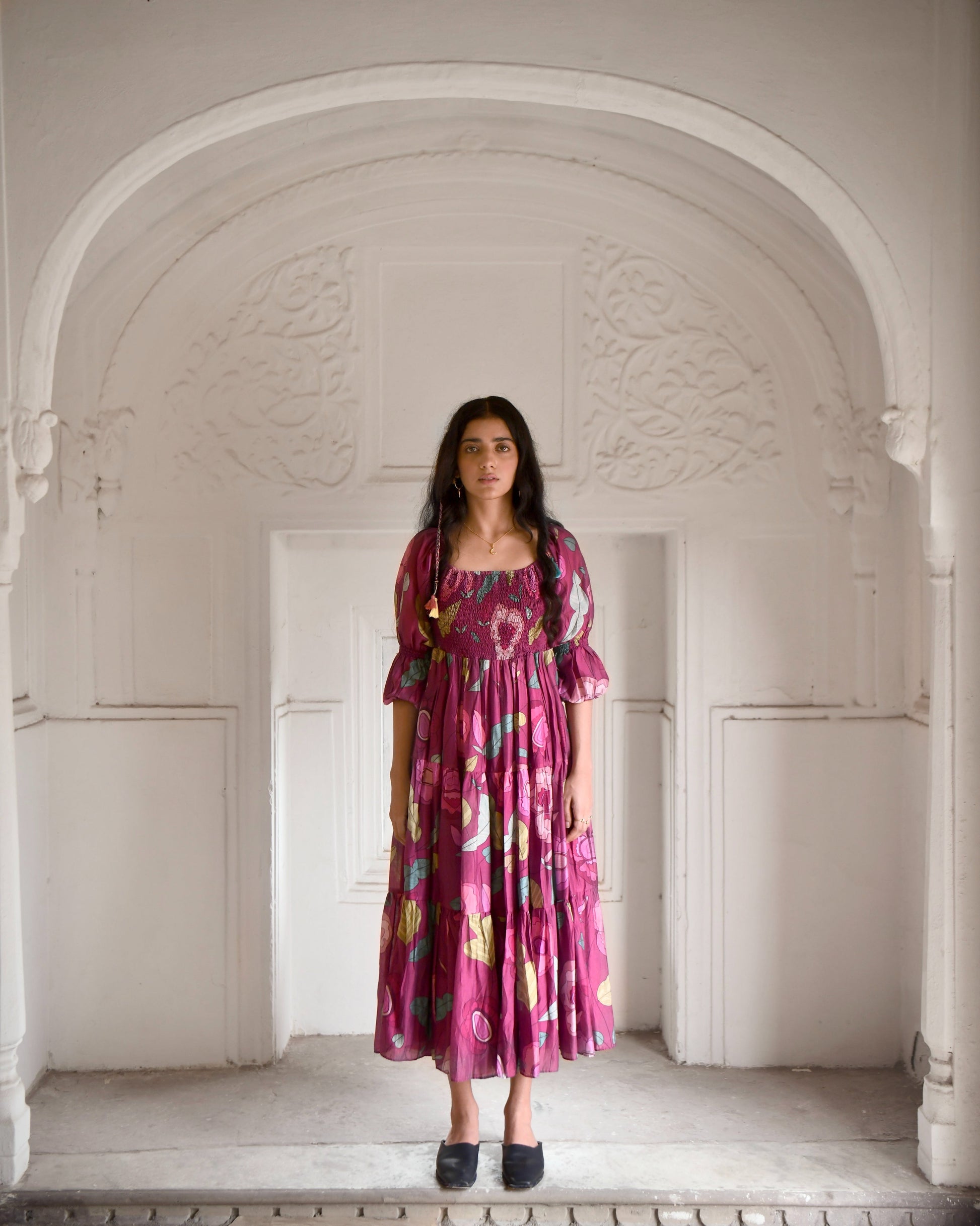 Red Tiered Dress at Kamakhyaa by Taro. This item is Azo Free Dyes, Chanderi Silk, Festive Wear, Fitted At Bust, Floral, Garden Of Dreams, July Sale, July Sale 2023, Maxi Dresses, Prints, Purple, Tiered Dresses, Womenswear