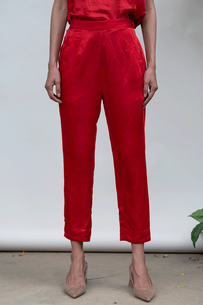 Red Trouser at Kamakhyaa by Kanelle. This item is Bold is beautiful, Casual Wear, July Sale, Linen Satin, Natural with azo dyes, Red, Regular Fit, Solids, Trousers, Womenswear
