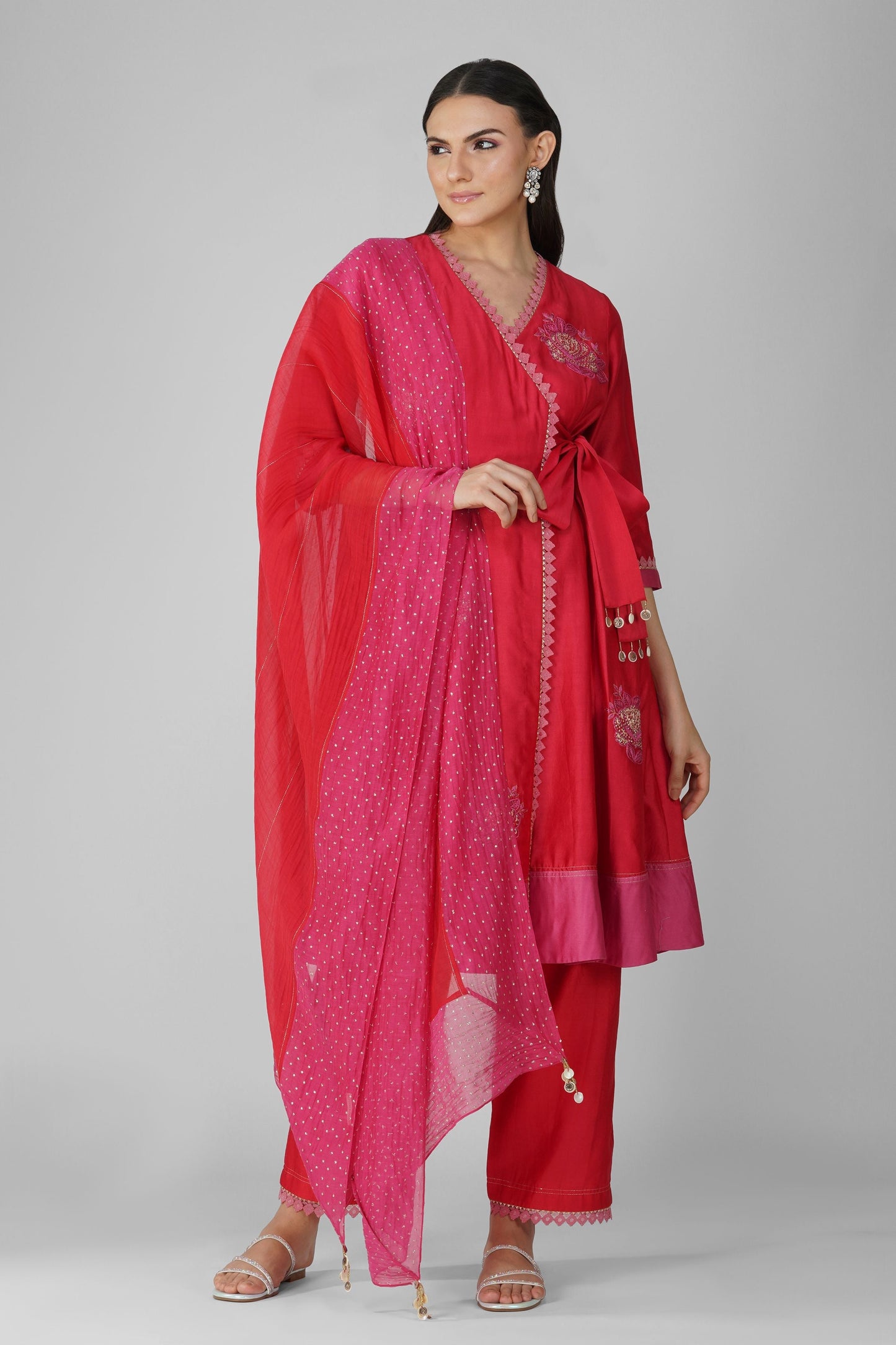 Red Two-Tone Angrakha Set at Kamakhyaa by Devyani Mehrotra. This item is Chanderi, Embellished, Indian Wear, Natural, Party Wear, Red, Regular Fit, Womenswear