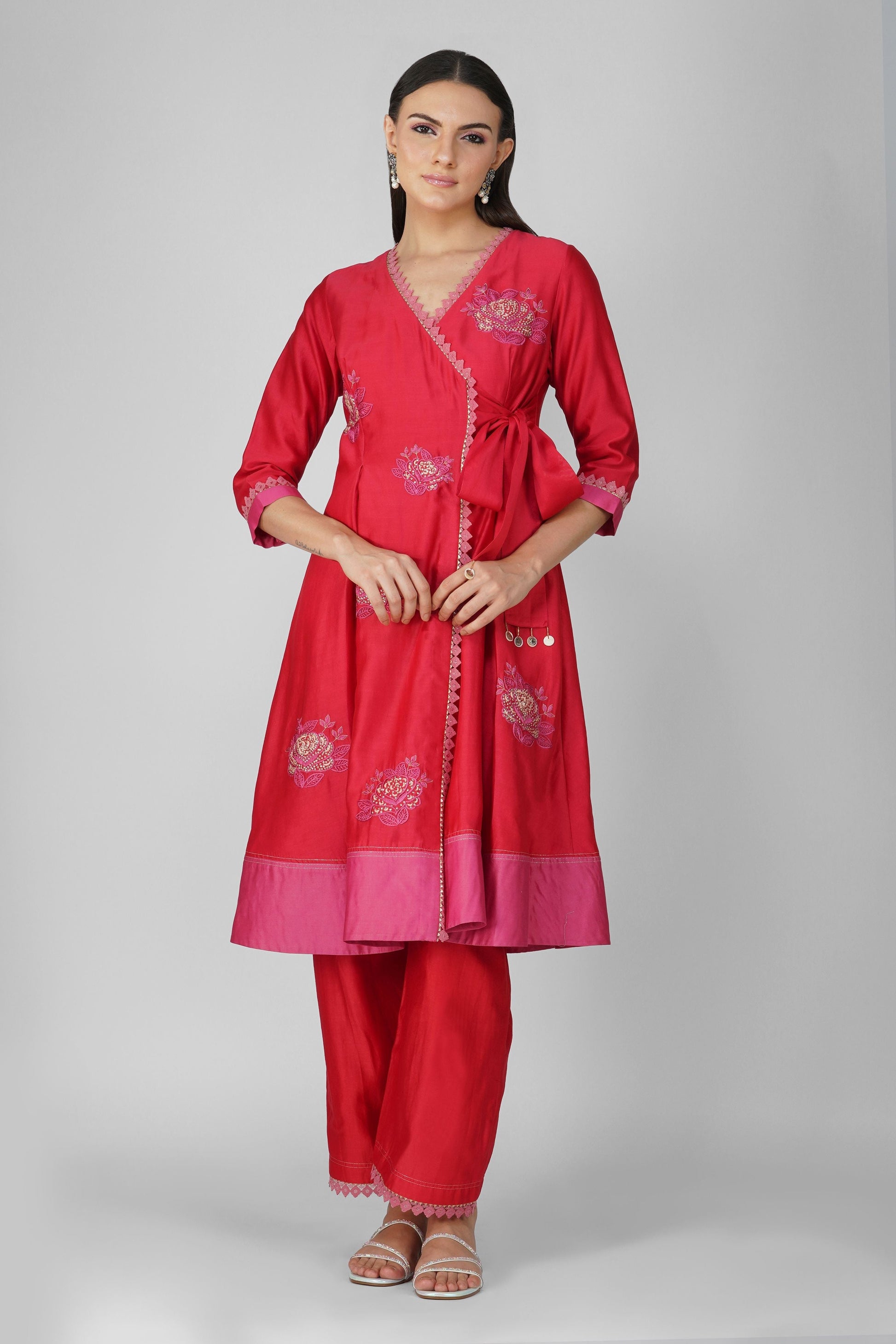 Red Two-Tone Angrakha Set at Kamakhyaa by Devyani Mehrotra. This item is Chanderi, Embellished, Indian Wear, Natural, Party Wear, Red, Regular Fit, Womenswear