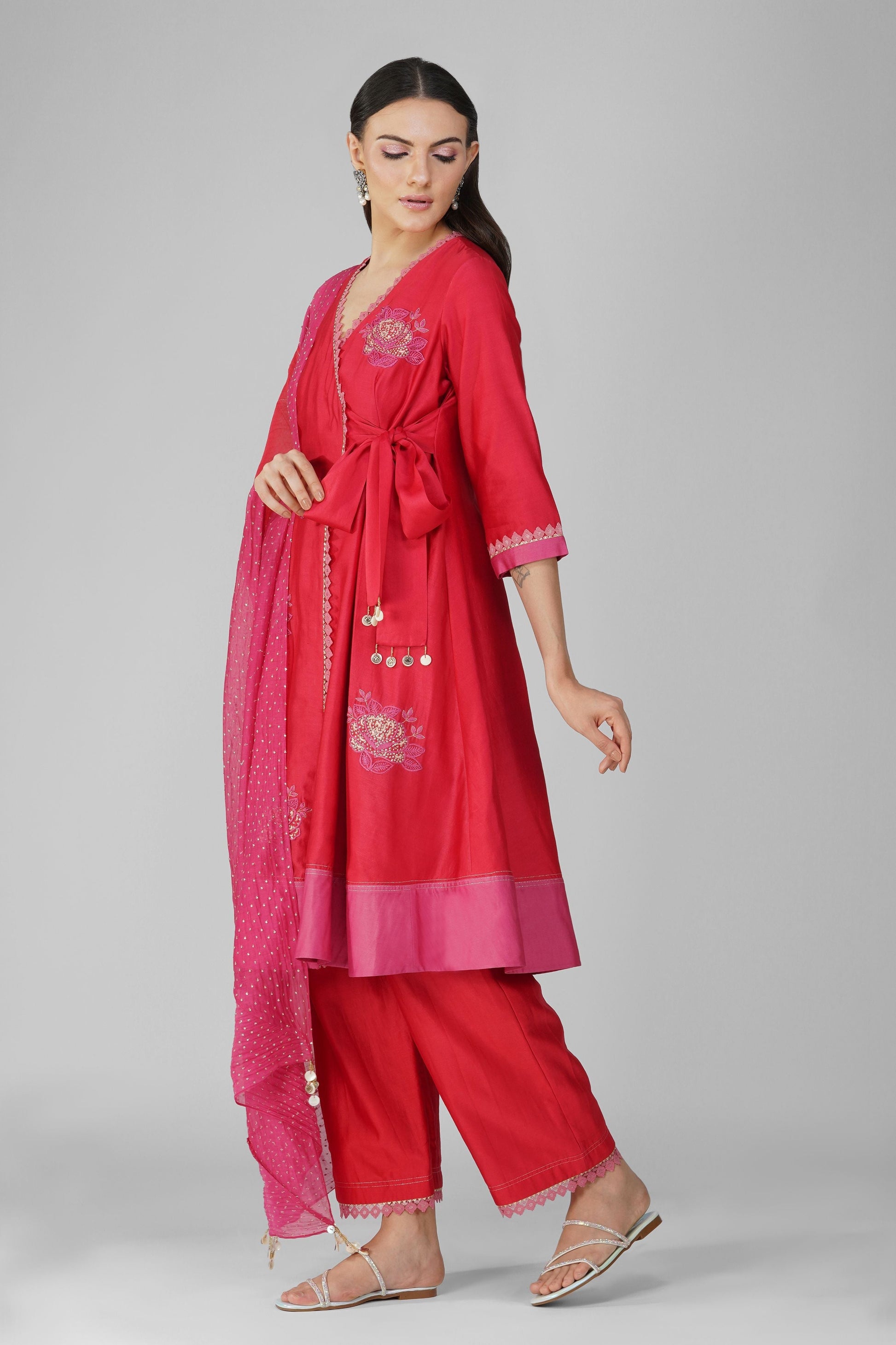 Red Two-Tone Angrakha Set at Kamakhyaa by Devyani Mehrotra. This item is Chanderi, Embellished, Indian Wear, Natural, Party Wear, Red, Regular Fit, Womenswear