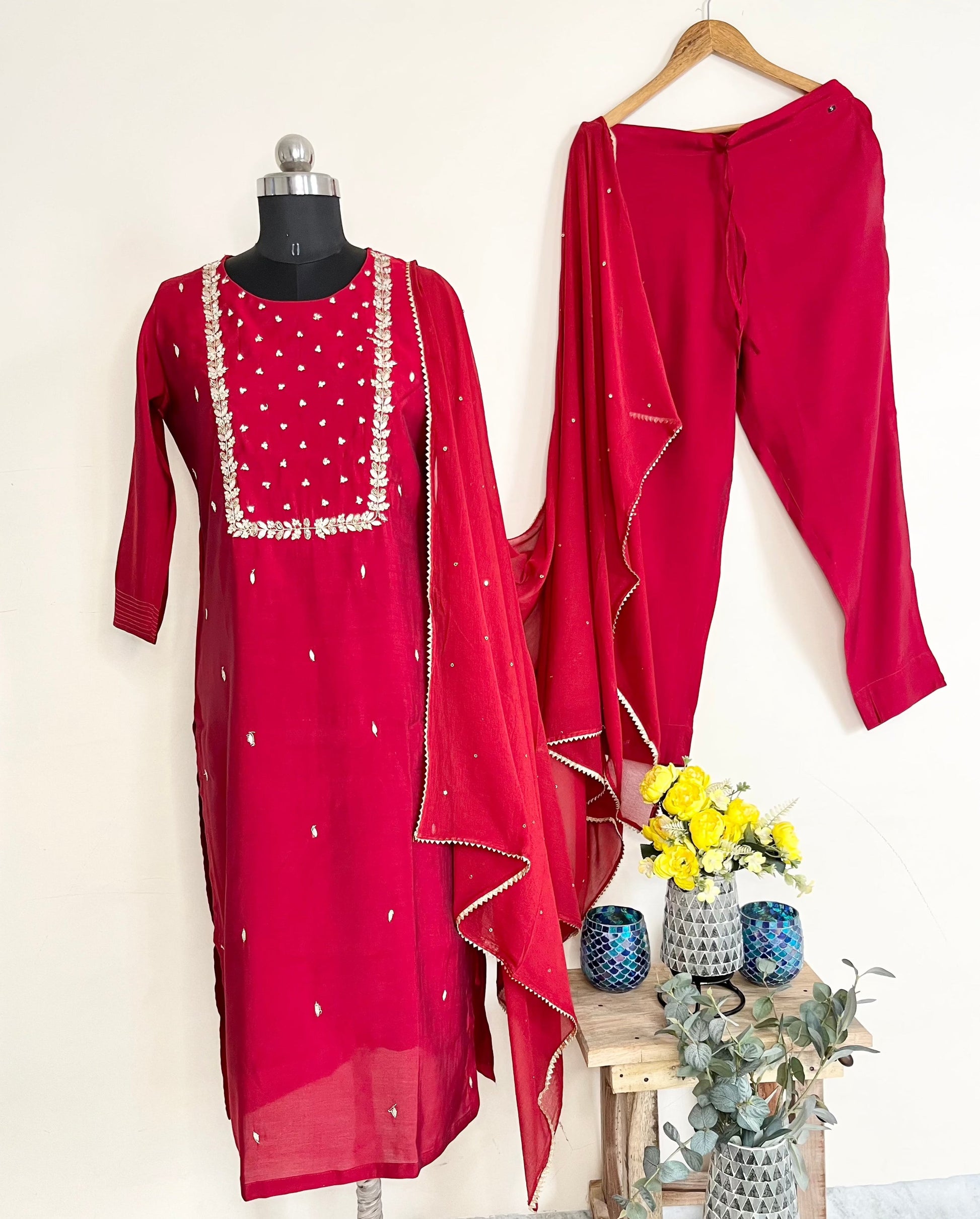 Red Zari Embroidered Kurta Set With Dupatta at Kamakhyaa by Kamakhyaa. This item is Embroidered, Ethnic Wear, Kurta Pant Sets, Kurta Set with Dupattas, Natural, Red, Regular Fit, Silk, Wedding Wear, Womenswear