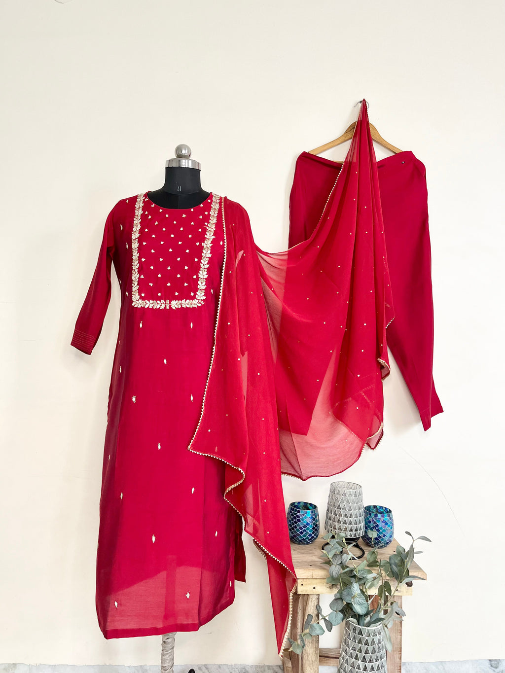 Red Zari Embroidered Kurta Set With Dupatta at Kamakhyaa by Kamakhyaa. This item is Embroidered, Ethnic Wear, Kurta Pant Sets, Kurta Set with Dupattas, Natural, Red, Regular Fit, Silk, Wedding Wear, Womenswear