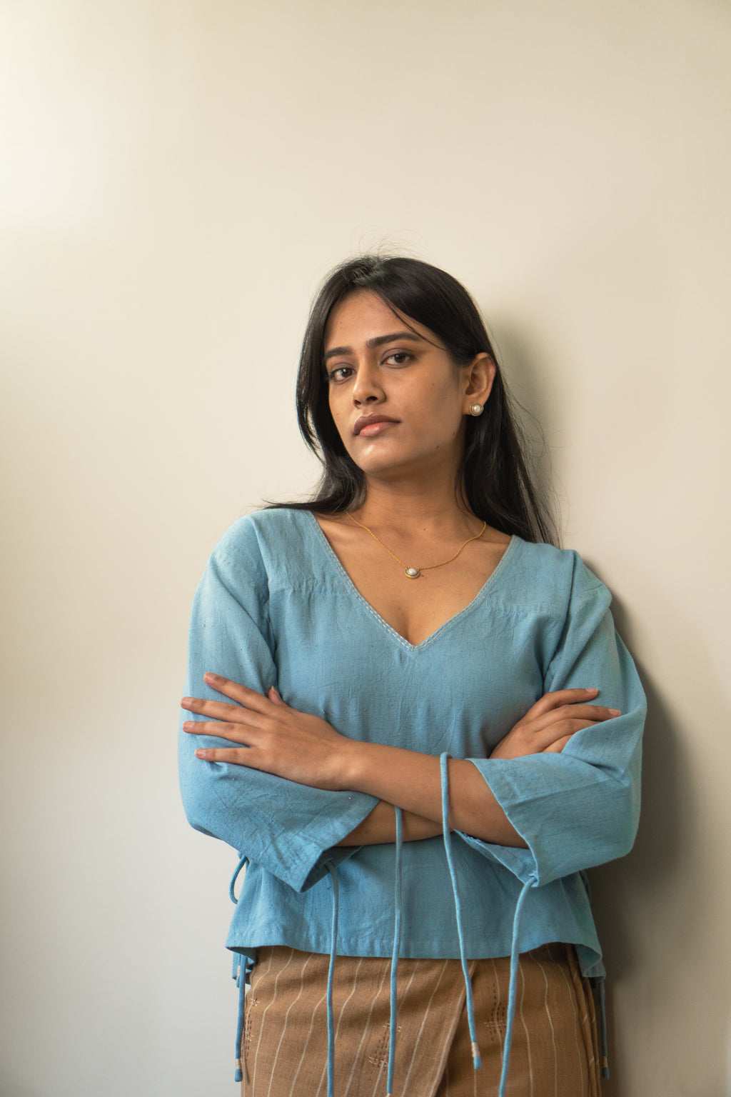 Reversible Ruched Blouse at Kamakhyaa by Lafaani. This item is 100% pure cotton, Blouses, Casual Wear, Light Blue, Materiality, Natural with azo free dyes, Organic, Regular Fit, Reversible, Solids, Womenswear