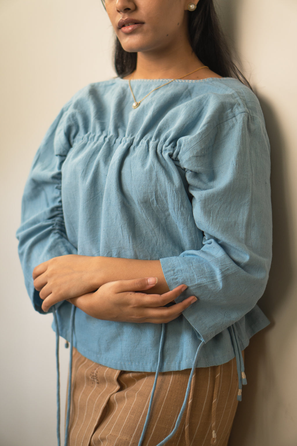 Reversible Ruched Blouse at Kamakhyaa by Lafaani. This item is 100% pure cotton, Blouses, Casual Wear, Light Blue, Materiality, Natural with azo free dyes, Organic, Regular Fit, Reversible, Solids, Womenswear