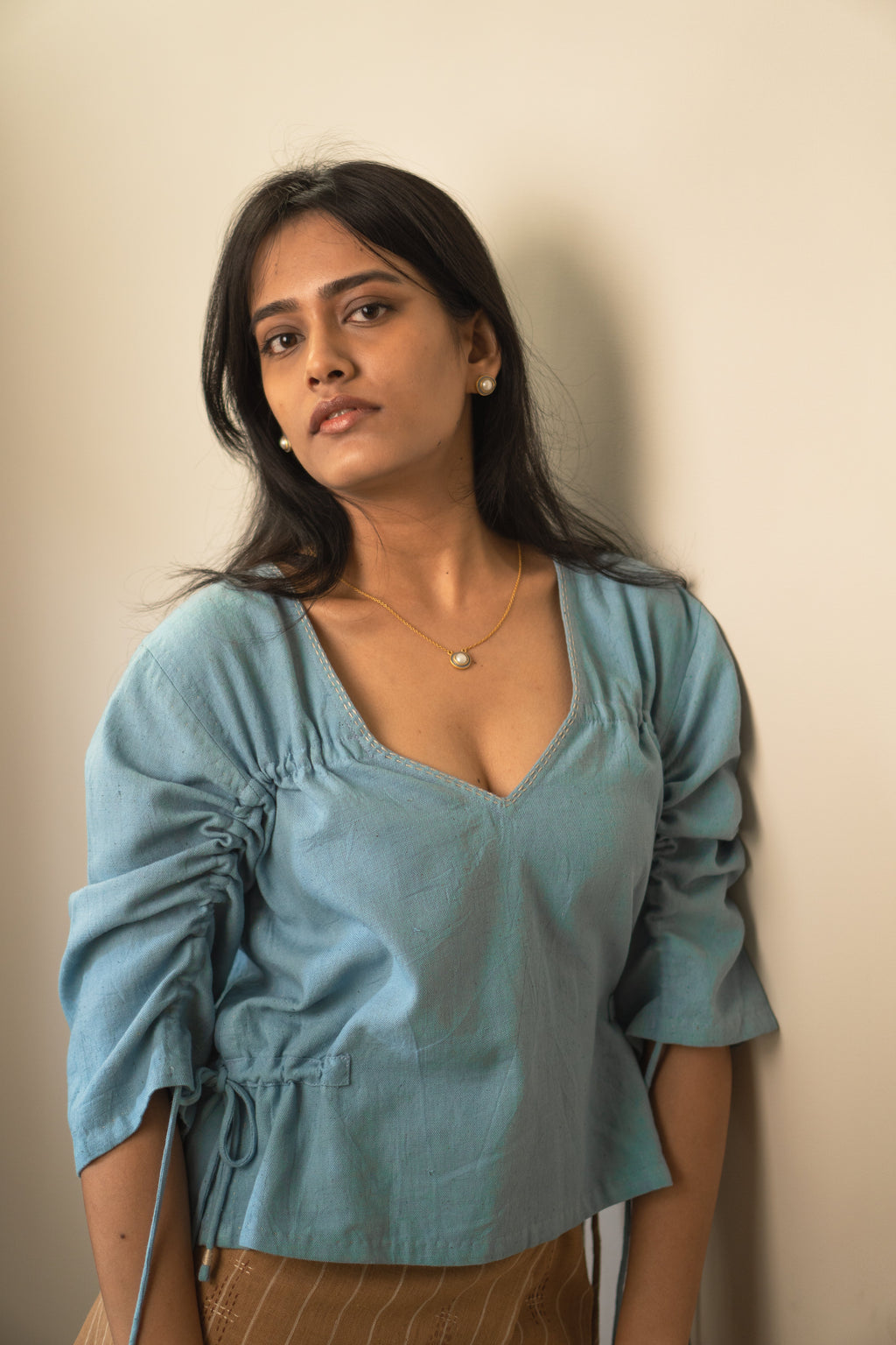 Reversible Ruched Blouse at Kamakhyaa by Lafaani. This item is 100% pure cotton, Blouses, Casual Wear, Light Blue, Materiality, Natural with azo free dyes, Organic, Regular Fit, Reversible, Solids, Womenswear