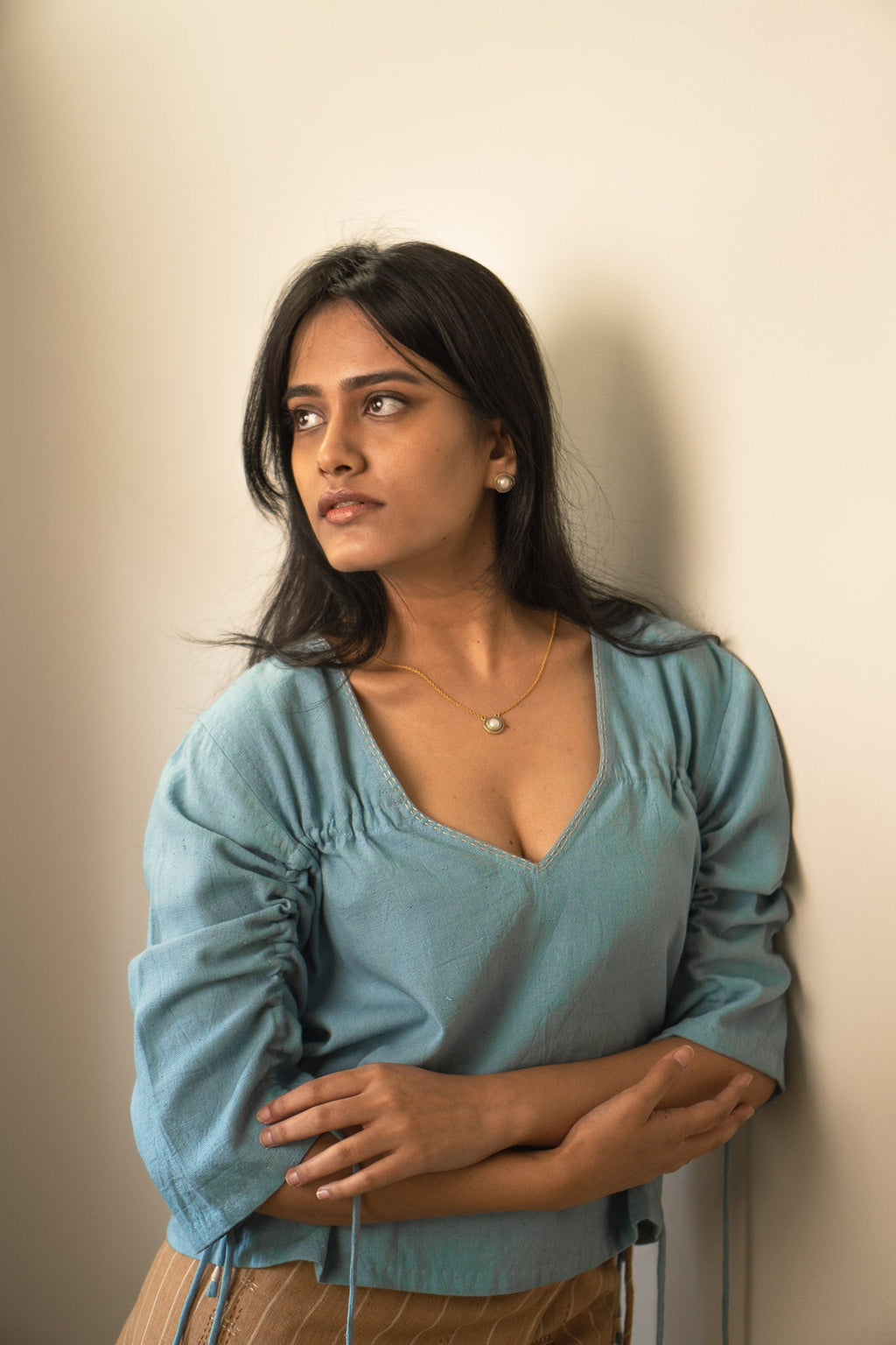 Reversible Ruched Blouse at Kamakhyaa by Lafaani. This item is 100% pure cotton, Blouses, Casual Wear, Light Blue, Materiality, Natural with azo free dyes, Organic, Regular Fit, Reversible, Solids, Womenswear