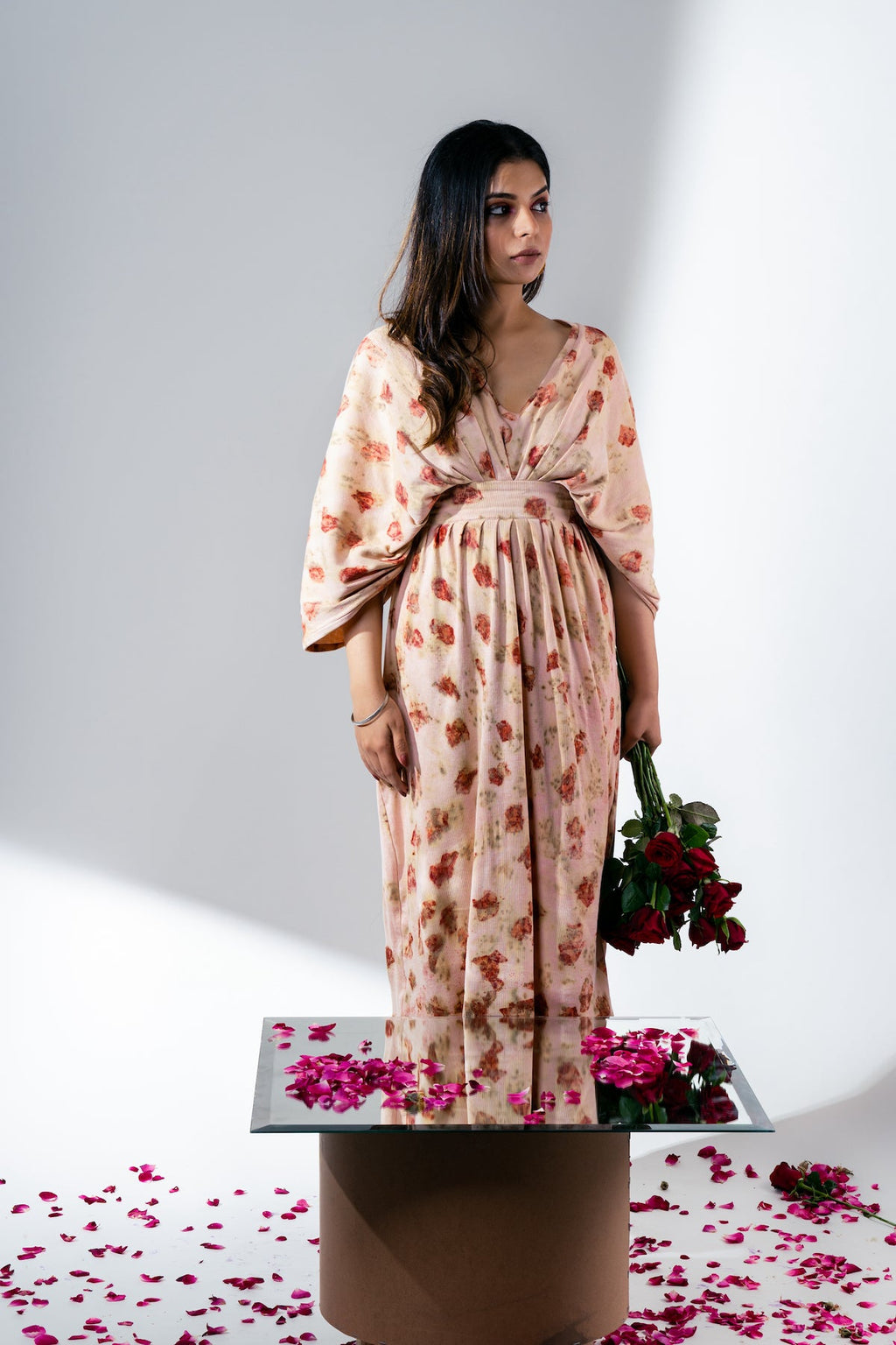 Rose Eco-Print Casual Midi Dress at Kamakhyaa by Meko Studio. This item is Casual Wear, Deadstock Fabrics, July Sale, July Sale 2023, Midi Dresses, Pink, Printed Selfsame, Prints, Relaxed Fit, Reroot AW-21/22, Womenswear