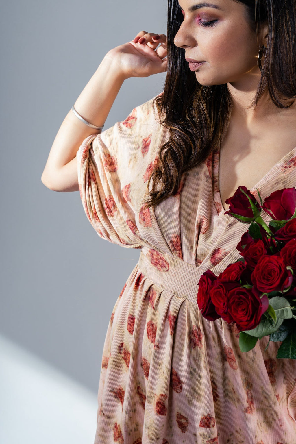 Rose Eco-Print Casual Midi Dress at Kamakhyaa by Meko Studio. This item is Casual Wear, Deadstock Fabrics, July Sale, July Sale 2023, Midi Dresses, Pink, Printed Selfsame, Prints, Relaxed Fit, Reroot AW-21/22, Womenswear