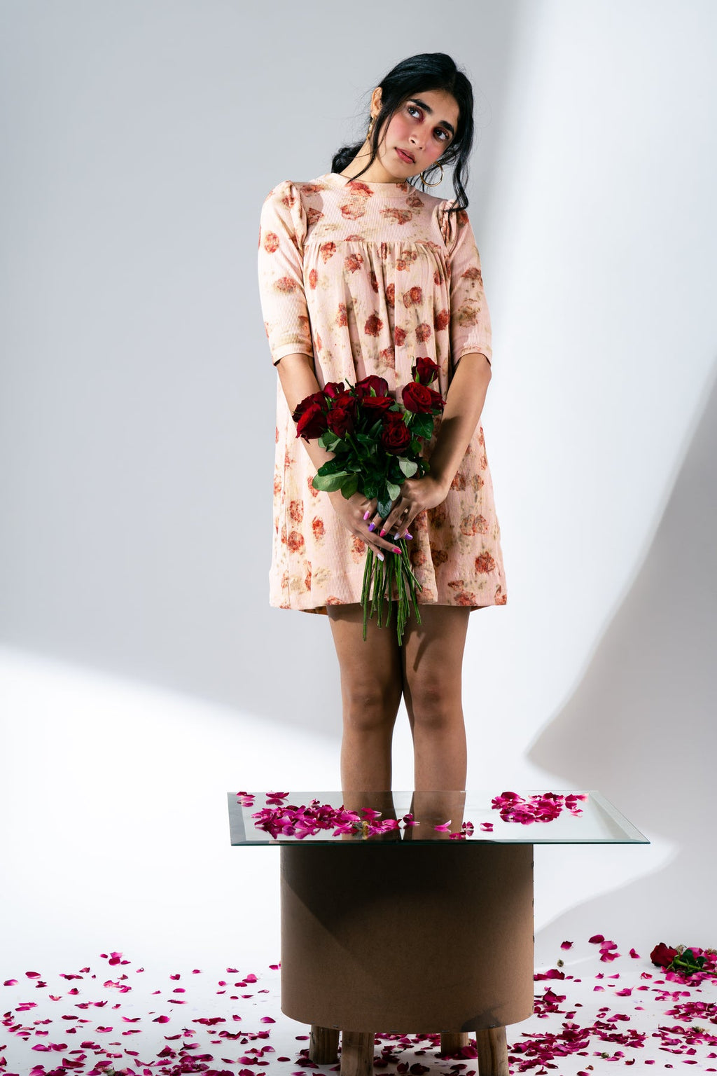 Rose Eco-Print Mini Dress at Kamakhyaa by Meko Studio. This item is Casual Wear, Deadstock Fabrics, For Birthday, July Sale, July Sale 2023, Mini Dresses, Pink, Printed Selfsame, Prints, Relaxed Fit, Reroot AW-21/22, Womenswear