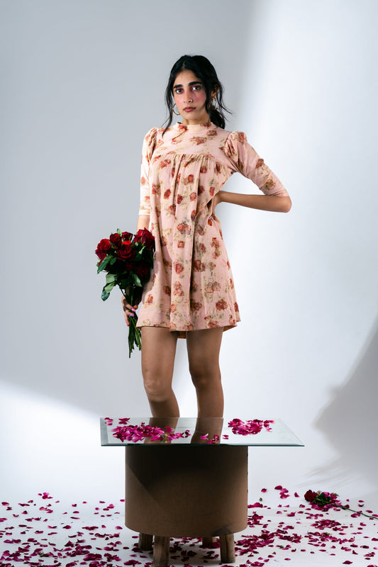 Rose Eco-Print Mini Dress at Kamakhyaa by Meko Studio. This item is Casual Wear, Deadstock Fabrics, For Birthday, July Sale, July Sale 2023, Mini Dresses, Pink, Printed Selfsame, Prints, Relaxed Fit, Reroot AW-21/22, Womenswear