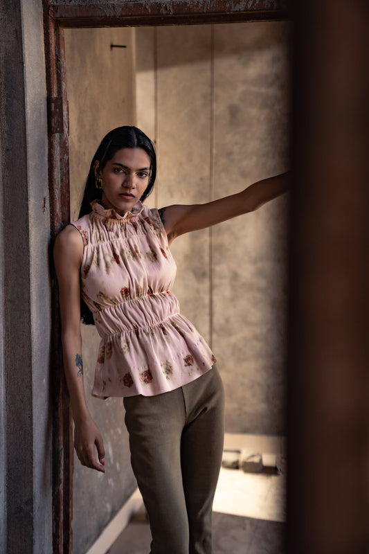 Rose Print Sleeveless Top at Kamakhyaa by Meko Studio. This item is Cotton, Deadstock Fabrics, Evening Wear, High Neck Tops, July Sale, July Sale 2023, Lycra, Pink, Relaxed Fit, Solids, Tops, Turtle Neck Tops, Verao SS-22/23, Womenswear