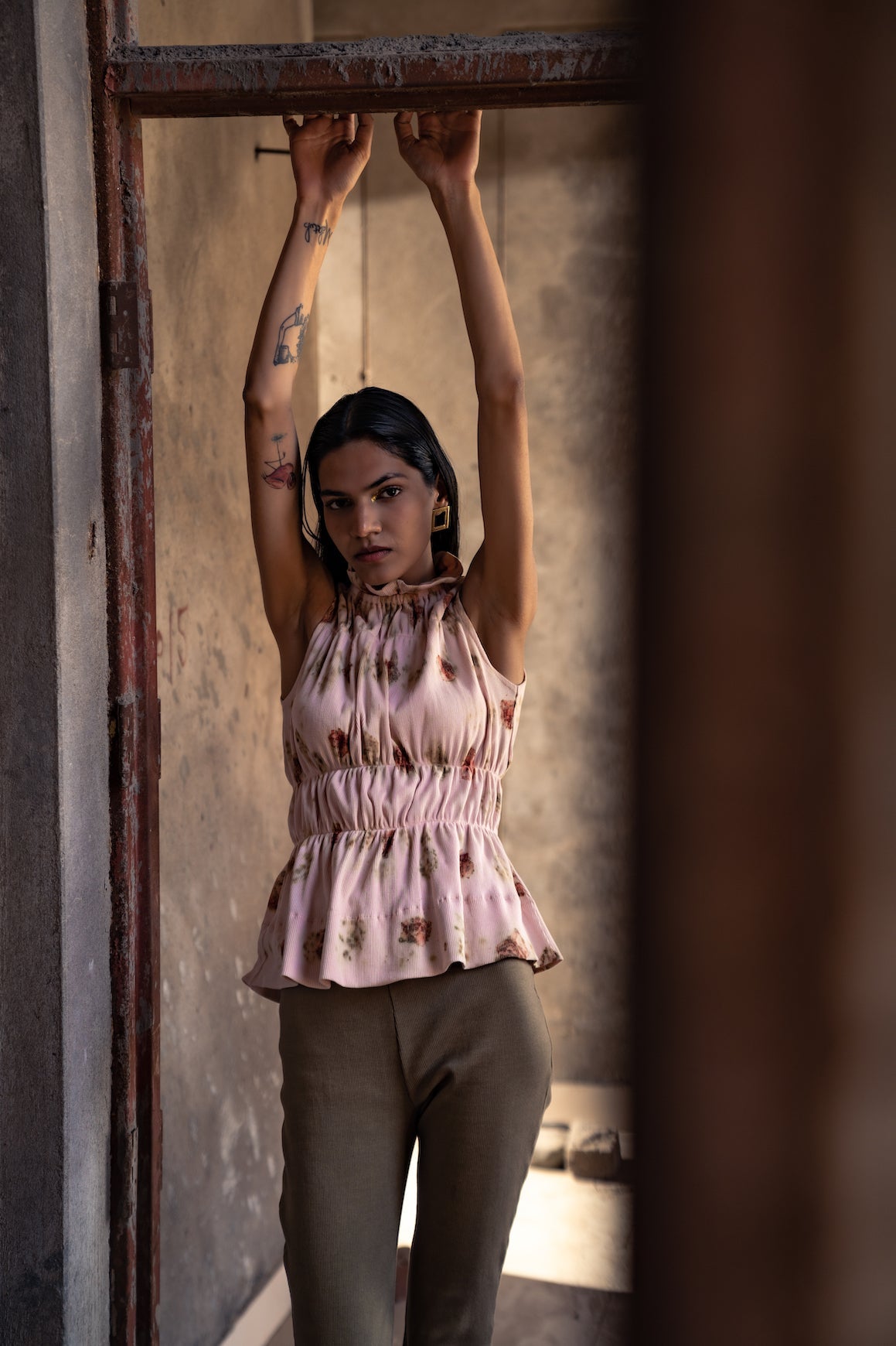 Rose Print Sleeveless Top at Kamakhyaa by Meko Studio. This item is Cotton, Deadstock Fabrics, Evening Wear, High Neck Tops, July Sale, July Sale 2023, Lycra, Pink, Relaxed Fit, Solids, Tops, Turtle Neck Tops, Verao SS-22/23, Womenswear