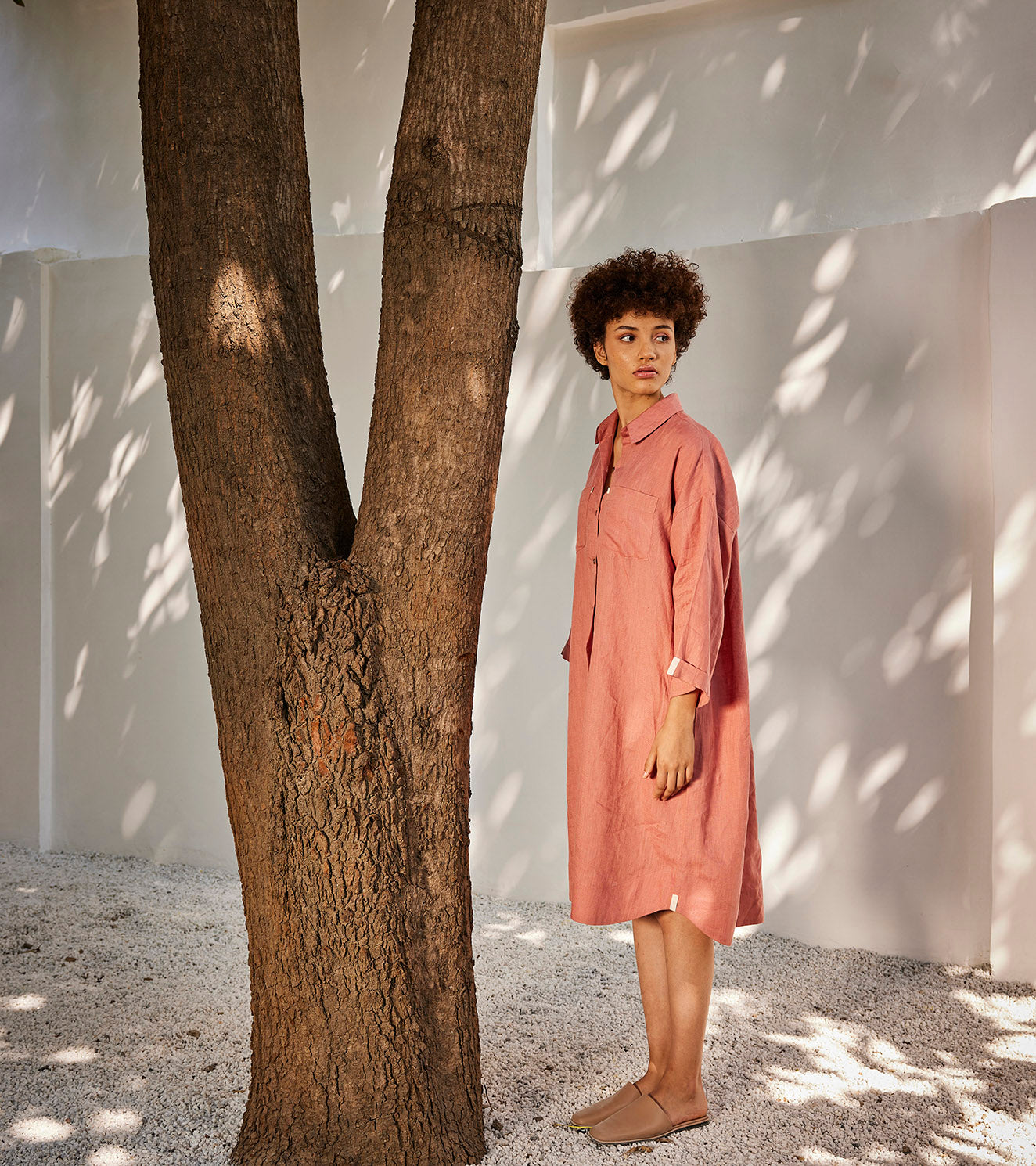 Rose blossom shirt dress at Kamakhyaa by Khara Kapas. This item is Casual Wear, Dresses, For Anniversary, Linen, Oh! Sussana Spring 2023, Organic, Pink, Relaxed Fit, Shirt Dresses, Solids, Womenswear