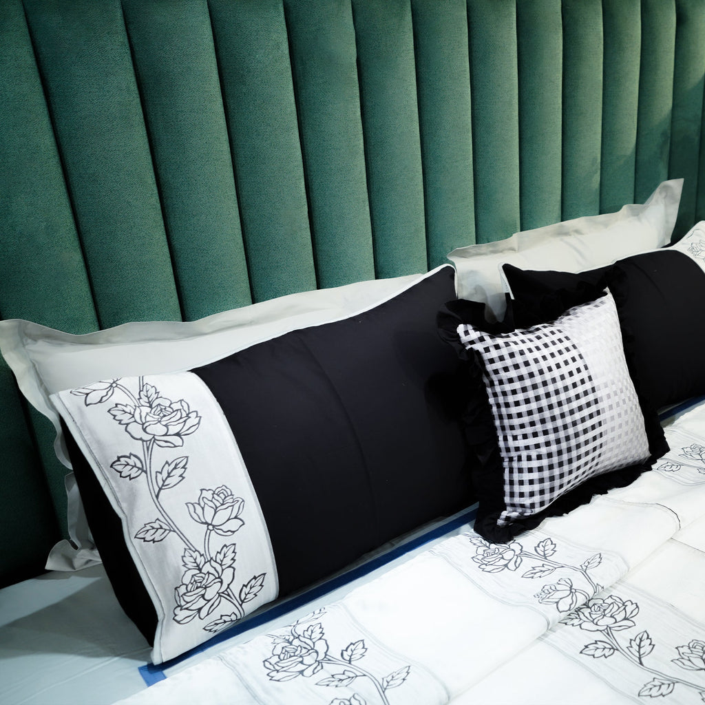 Rosebud Elegance Bed Cover with Pillow Covers & Cushion/s at Kamakhyaa by Aetherea. This item is 100% Cotton, Bed Covers, Black, Home, Light Grey, Plaids, Rose, Sheer, Upcycled