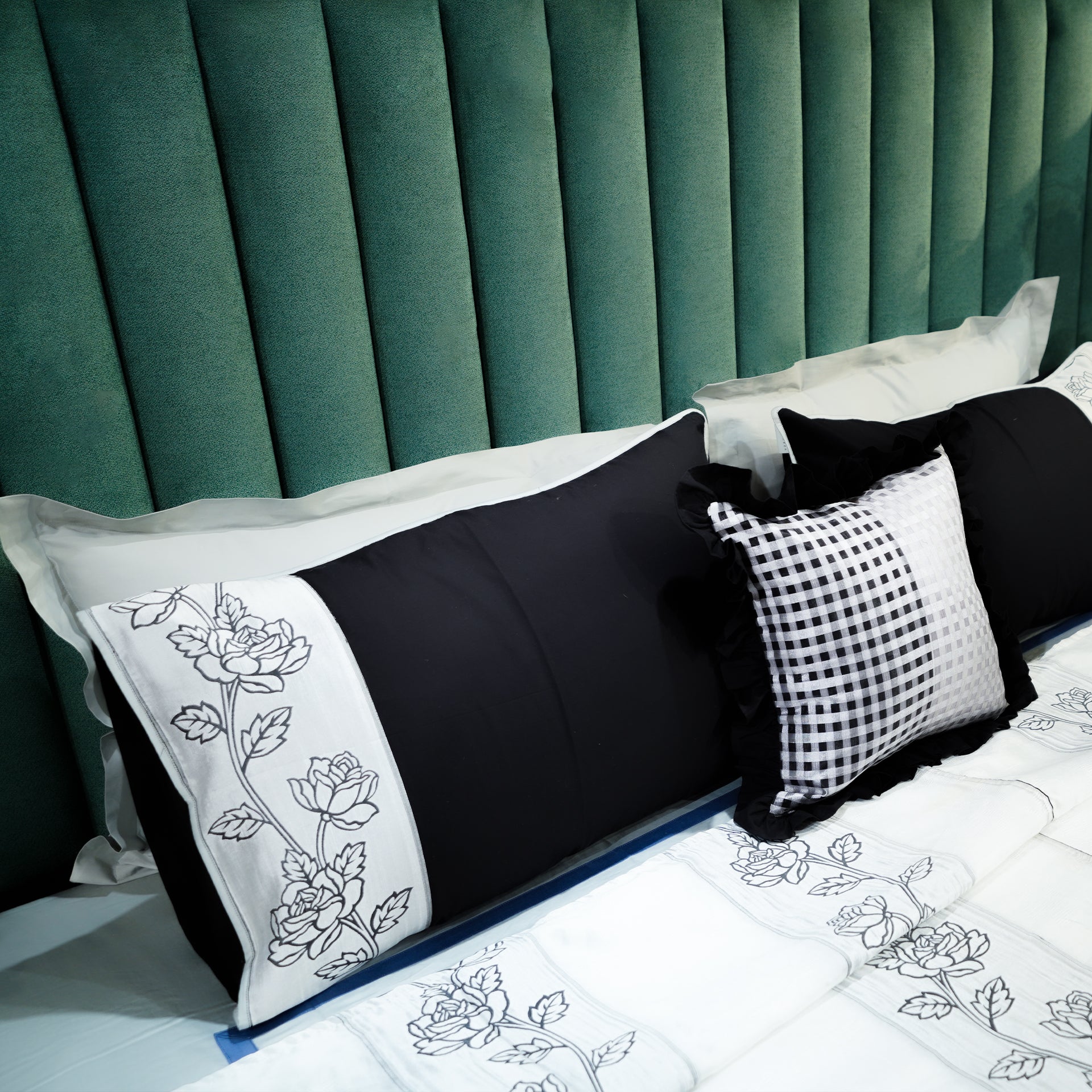 Rosebud Elegance Bed Cover with Pillow Covers & Cushion/s at Kamakhyaa by Aetherea. This item is 100% Cotton, Bed Covers, Black, Home, Light Grey, Plaids, Rose, Sheer, Upcycled