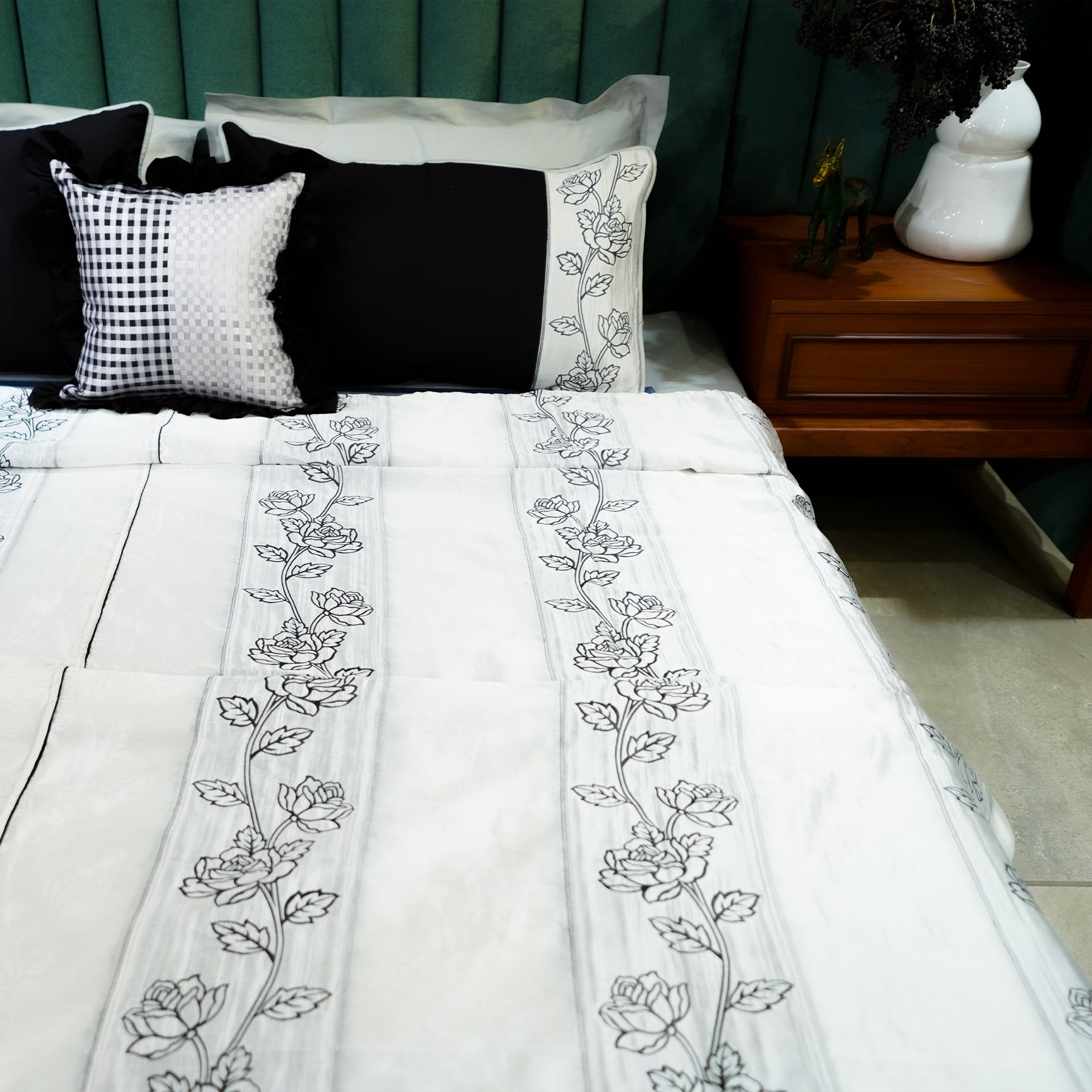 Rosebud Elegance Bed Cover with Pillow Covers & Cushion/s at Kamakhyaa by Aetherea. This item is 100% Cotton, Bed Covers, Black, Home, Light Grey, Plaids, Rose, Sheer, Upcycled