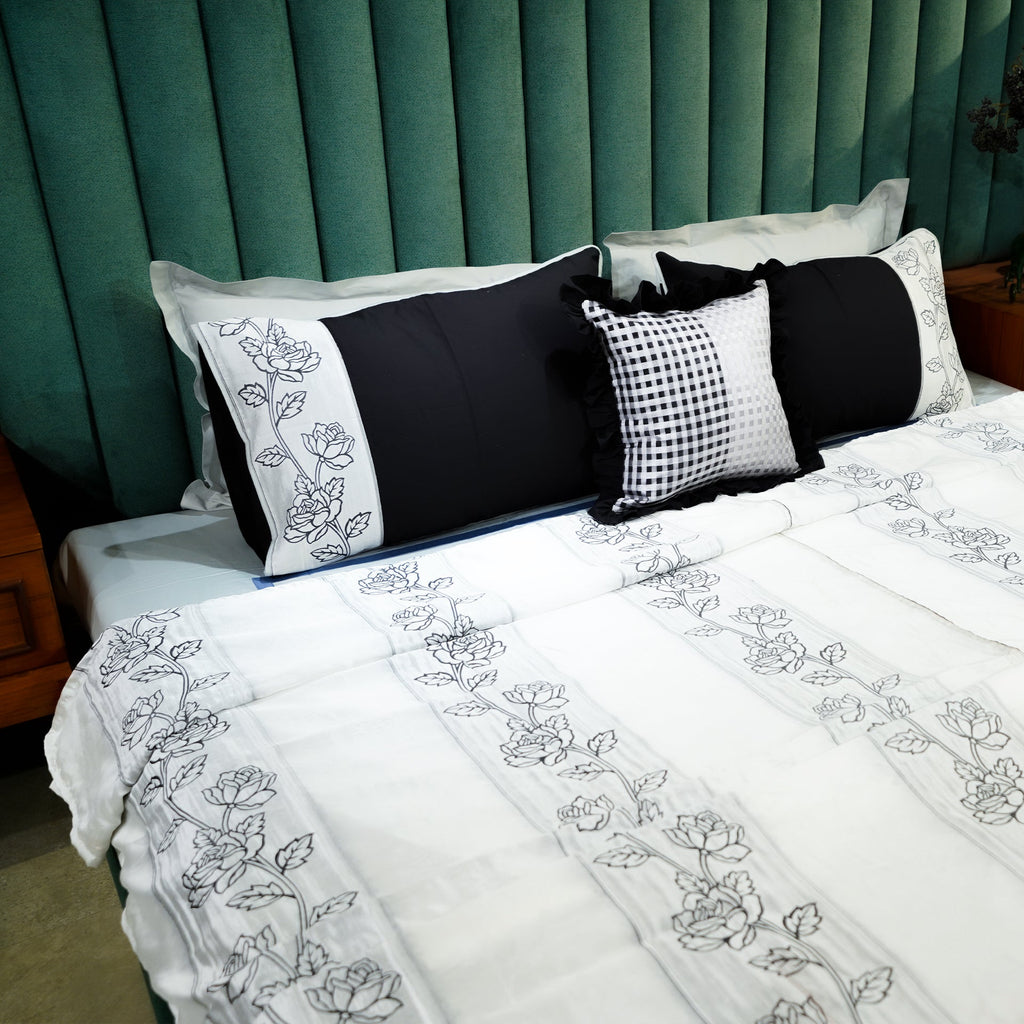 Rosebud Elegance Bed Cover with Pillow Covers & Cushion/s at Kamakhyaa by Aetherea. This item is 100% Cotton, Bed Covers, Black, Home, Light Grey, Plaids, Rose, Sheer, Upcycled
