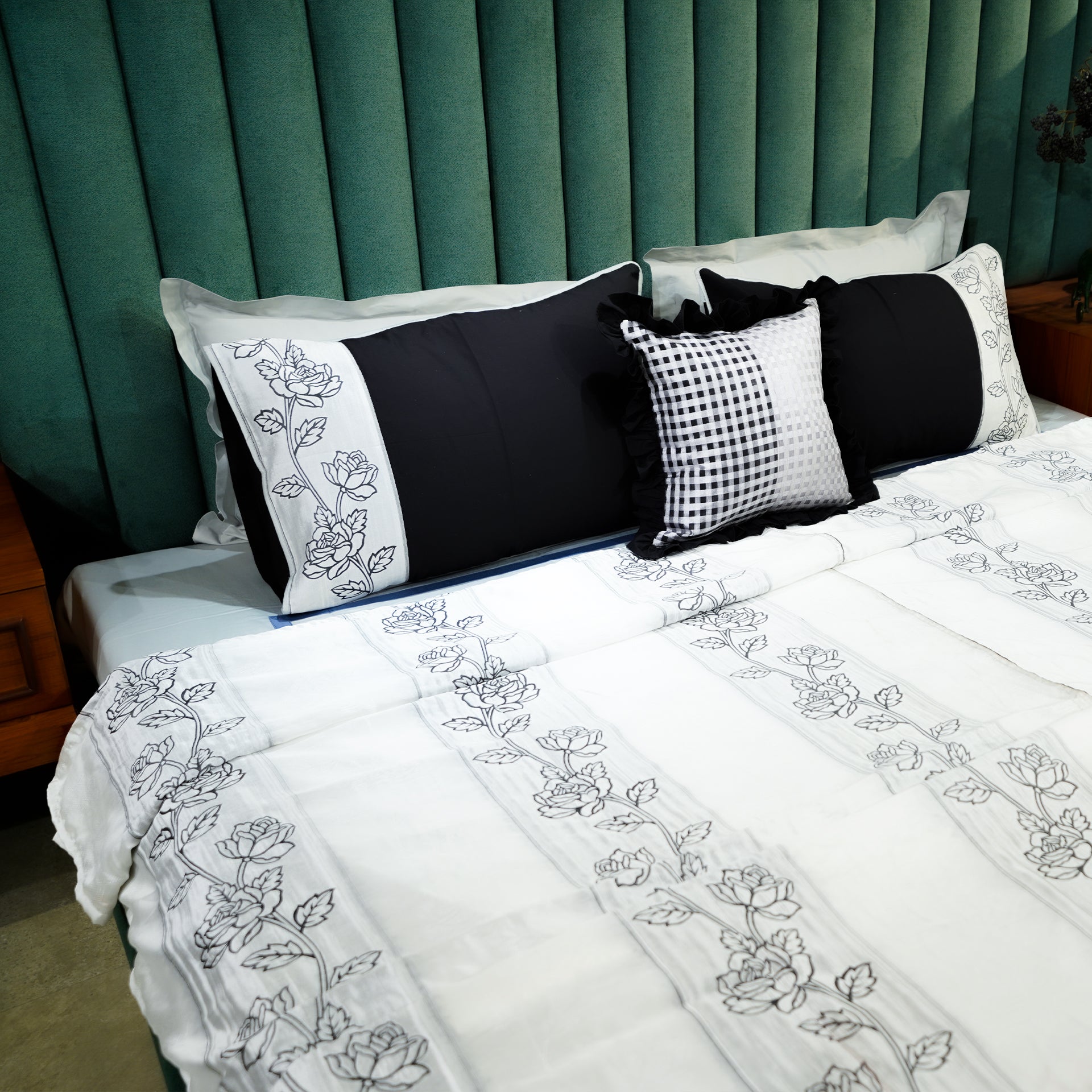 Rosebud Elegance Bed Cover with Pillow Covers & Cushion/s at Kamakhyaa by Aetherea. This item is 100% Cotton, Bed Covers, Black, Home, Light Grey, Plaids, Rose, Sheer, Upcycled