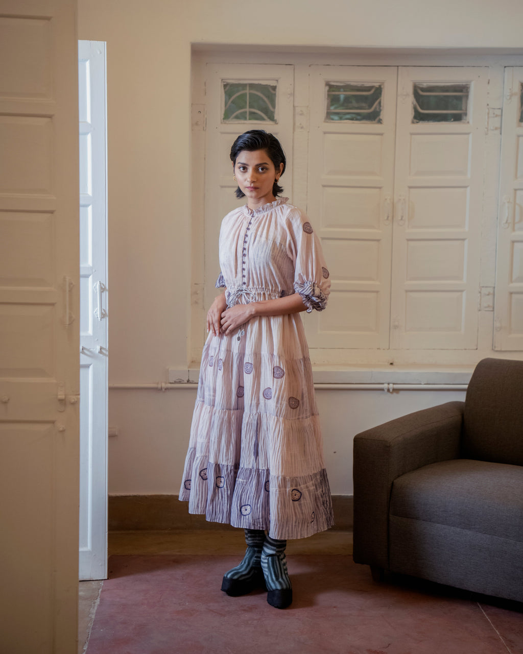 Rosy Ballet at Kamakhyaa by The Loom Art. This item is Casual Wear, Embroidered, Handwoven Cotton Silk, July Sale, July Sale 2023, Lucid Dreams, Luicid Dream, Office, Office Wear, Organic, Pink, Tiered Dresses, Womenswear