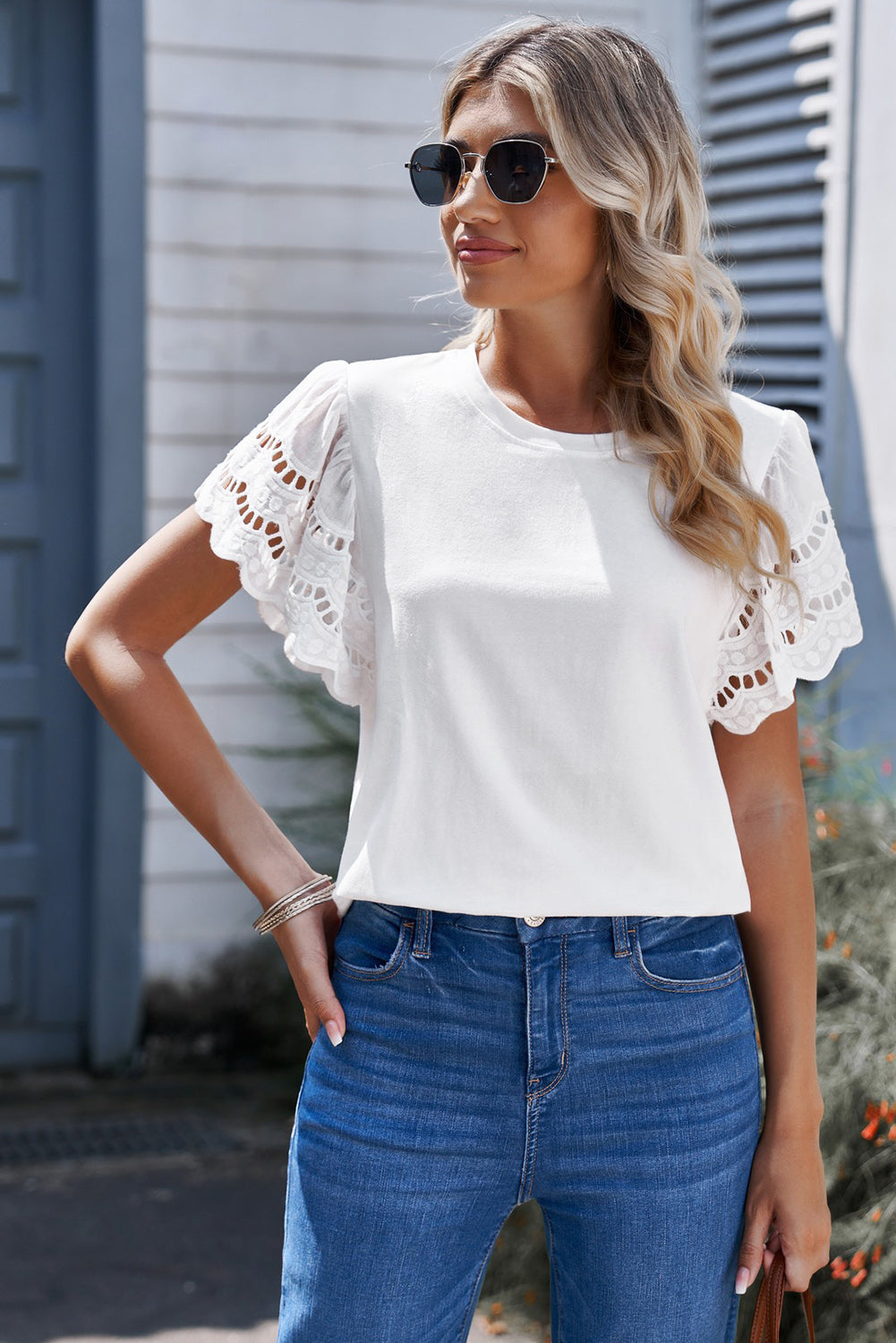 Round Neck Flutter Sleeve Top at Kamakhyaa by White Label. This item is 100% Cotton, Blouses, Casual Wear, Regular Fit, Solids, Trendsi, Womenswear