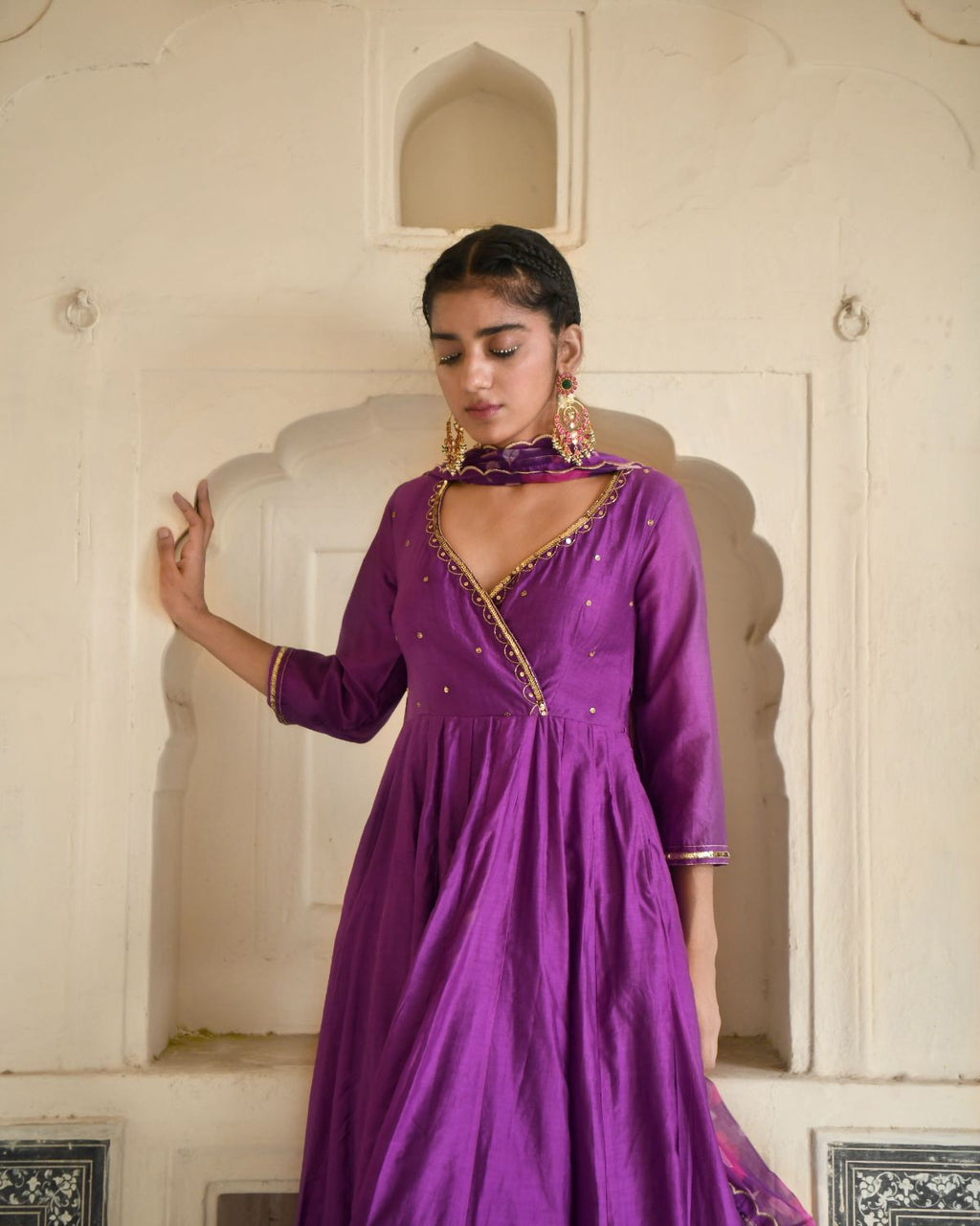 Russian Violet Kurta Set at Kamakhyaa by Taro. This item is Beads work, Chanderi Silk, Chiffon, Digital Print, Enchanted Garden, Evening Wear, Festive Wear, Fitted At Waist, Indian Wear, July Sale, July Sale 2023, Kurta Pant Sets, Kurta Set With Dupatta, Natural, Natural with azo free dyes, Purple, Sequin Work, Womenswear