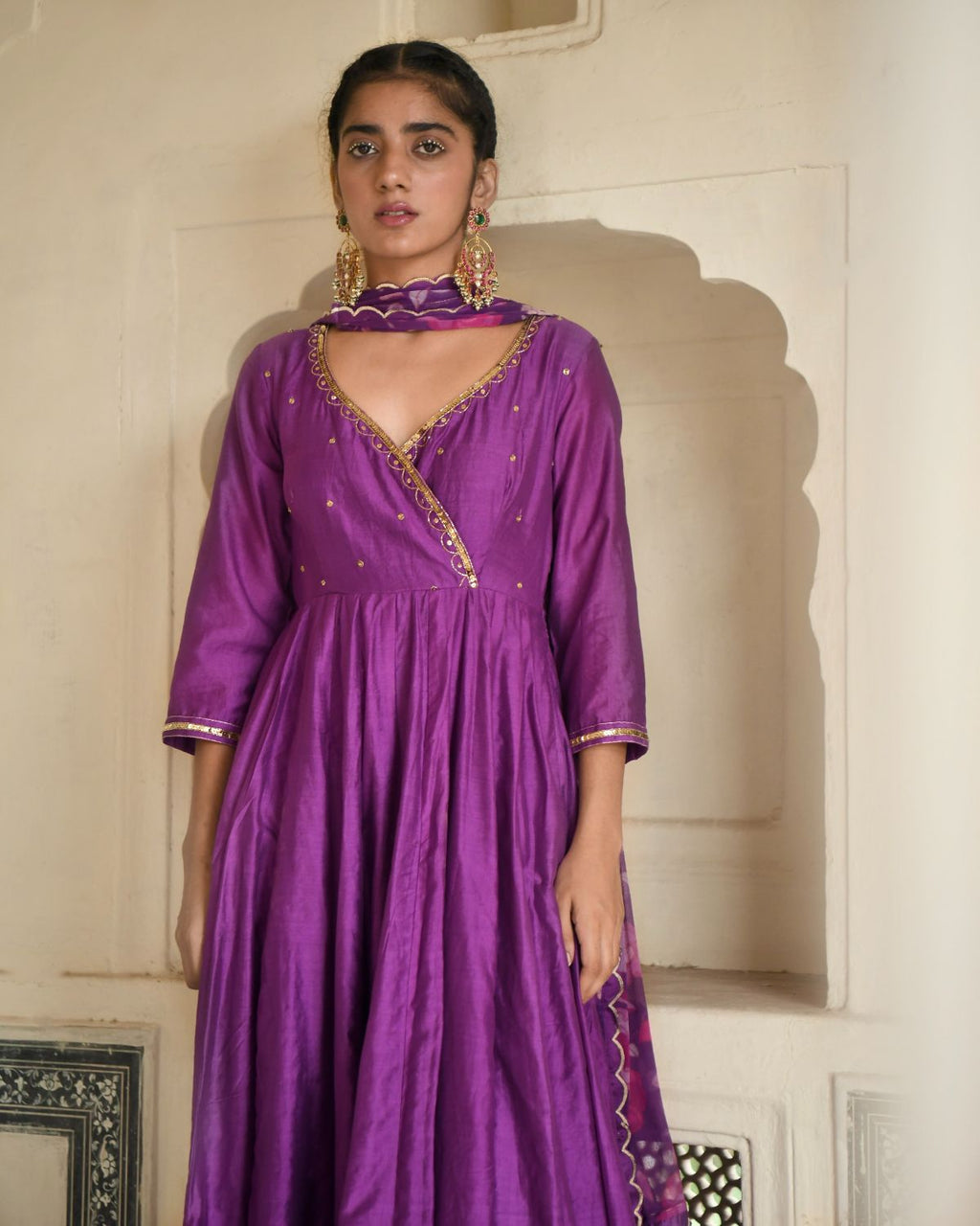 Russian Violet Kurta Set at Kamakhyaa by Taro. This item is Beads work, Chanderi Silk, Chiffon, Digital Print, Enchanted Garden, Evening Wear, Festive Wear, Fitted At Waist, Indian Wear, July Sale, July Sale 2023, Kurta Pant Sets, Kurta Set With Dupatta, Natural, Natural with azo free dyes, Purple, Sequin Work, Womenswear